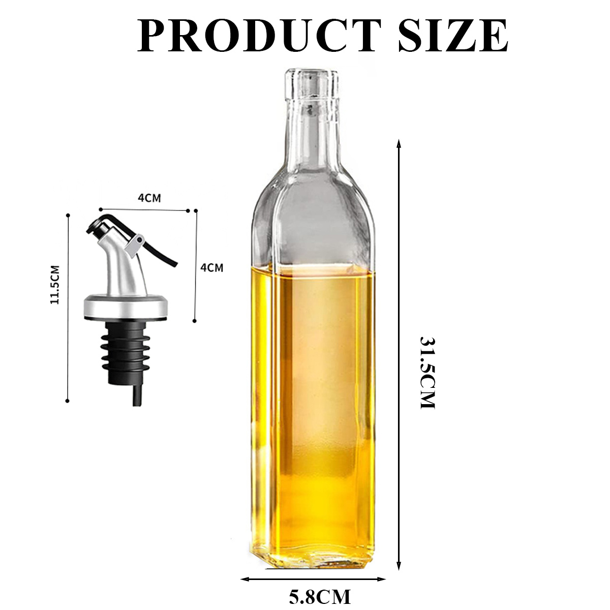 Eine klare Glasflasche mit Öl, einem Ausguss und Maßen. Abmessungen: 31,5 cm hoch, 5,8 cm breit. Der Ausguss ist 11,5 cm hoch und 4 cm breit.