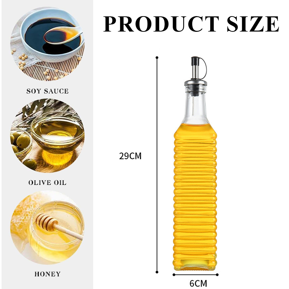 Das Bild zeigt eine Glasölflasche, Sojasauce, Olivenöl und Honig. Die Flasche ist 29 cm hoch und 6 cm breit. Produktgröße ist der Titel.