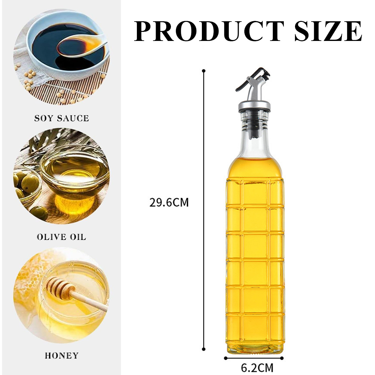 Das Bild zeigt eine Ölflasche, Sojasauce, Olivenöl und Honig. Maße sind angegeben, zusammen mit den Worten 'Produktgröße'.