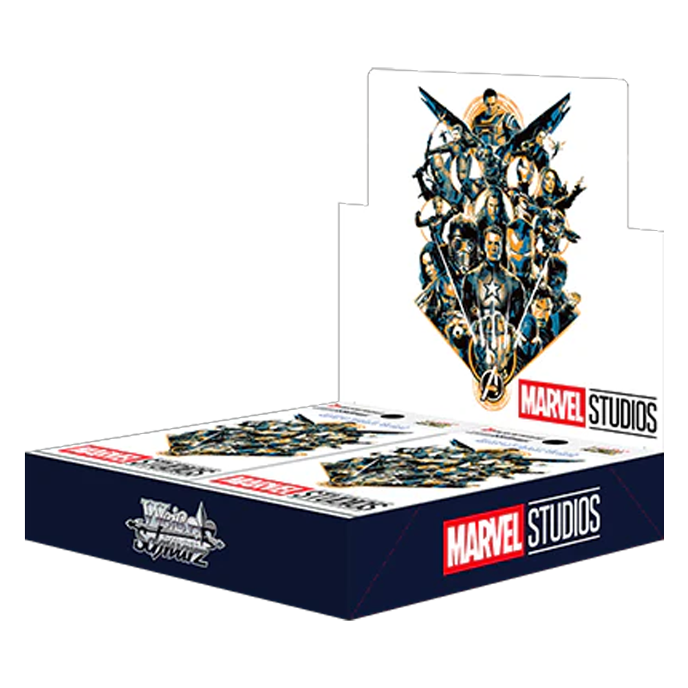 Eine Marvel Studios-Displaybox mit Avengers-Charakteren. Die Box ist blau mit dem Marvel-Logo.
