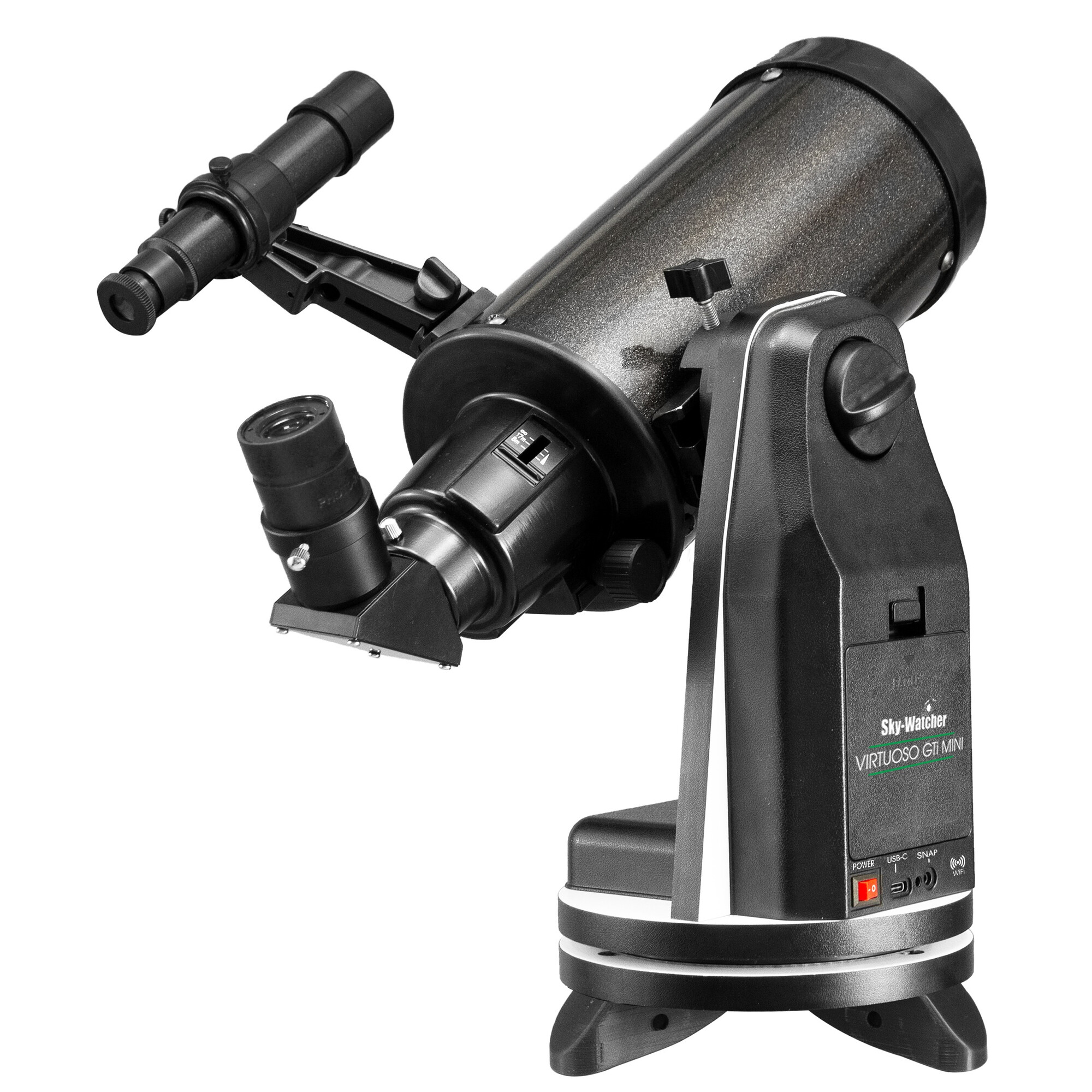 Ein Sky-Watcher Virtuoso GTI MINI Teleskop. Es hat einen schwarzen Körper, ein silbernes Rohr und steht auf einem schwarzen Ständer.