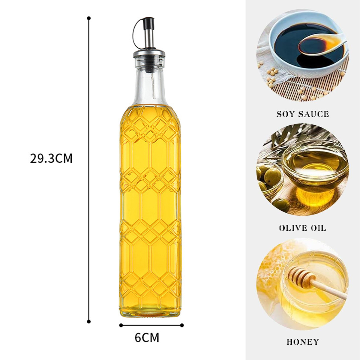 Eine hohe Glasölflasche mit Metallausguss und Größenangabe. Sojasauce, Olivenöl und Honig sind abgebildet.