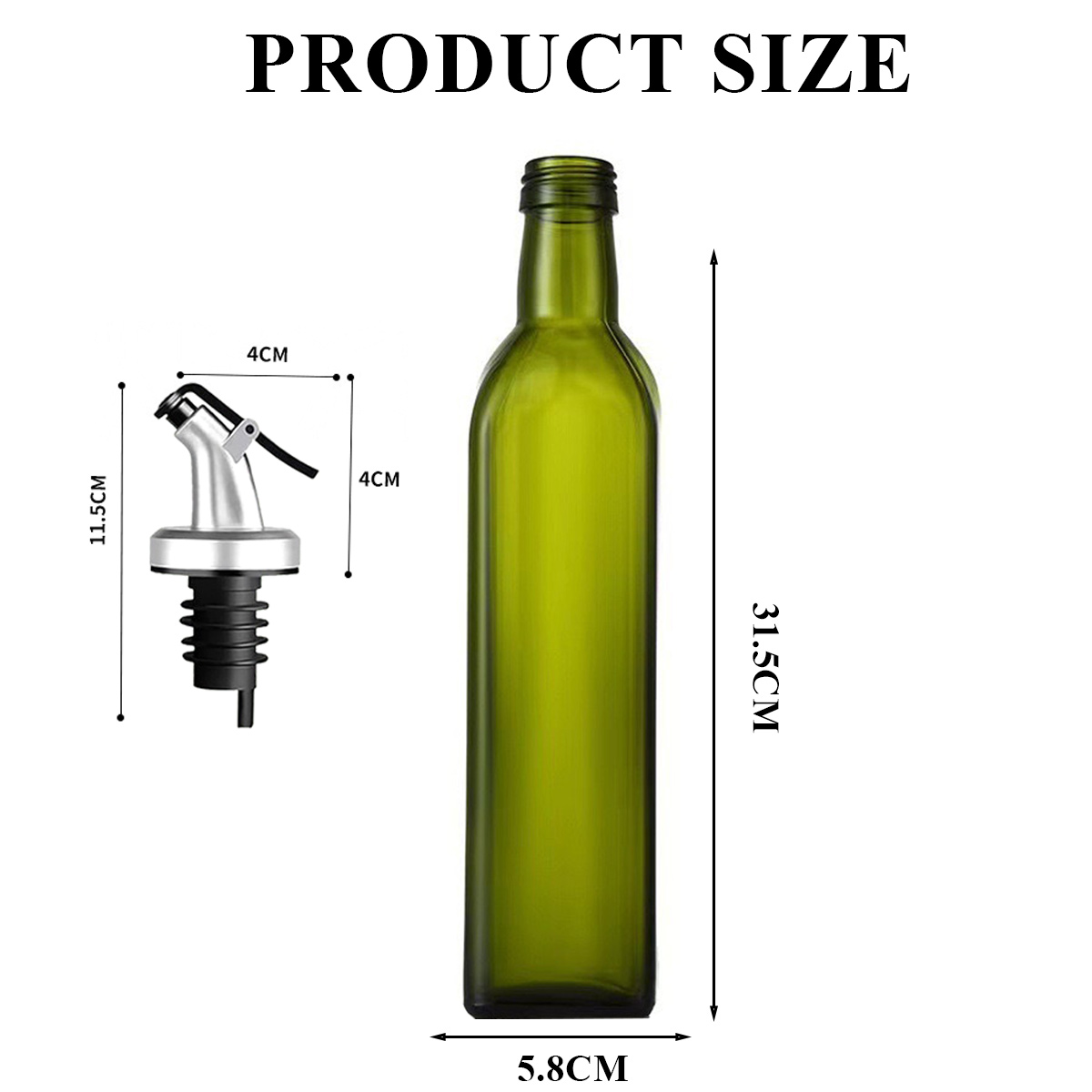 Grüne Glasflasche mit Spender, Maße angezeigt. 31,5 cm hoch, 5,8 cm breit. Spender ist 11,5 cm hoch, 4 cm breit.