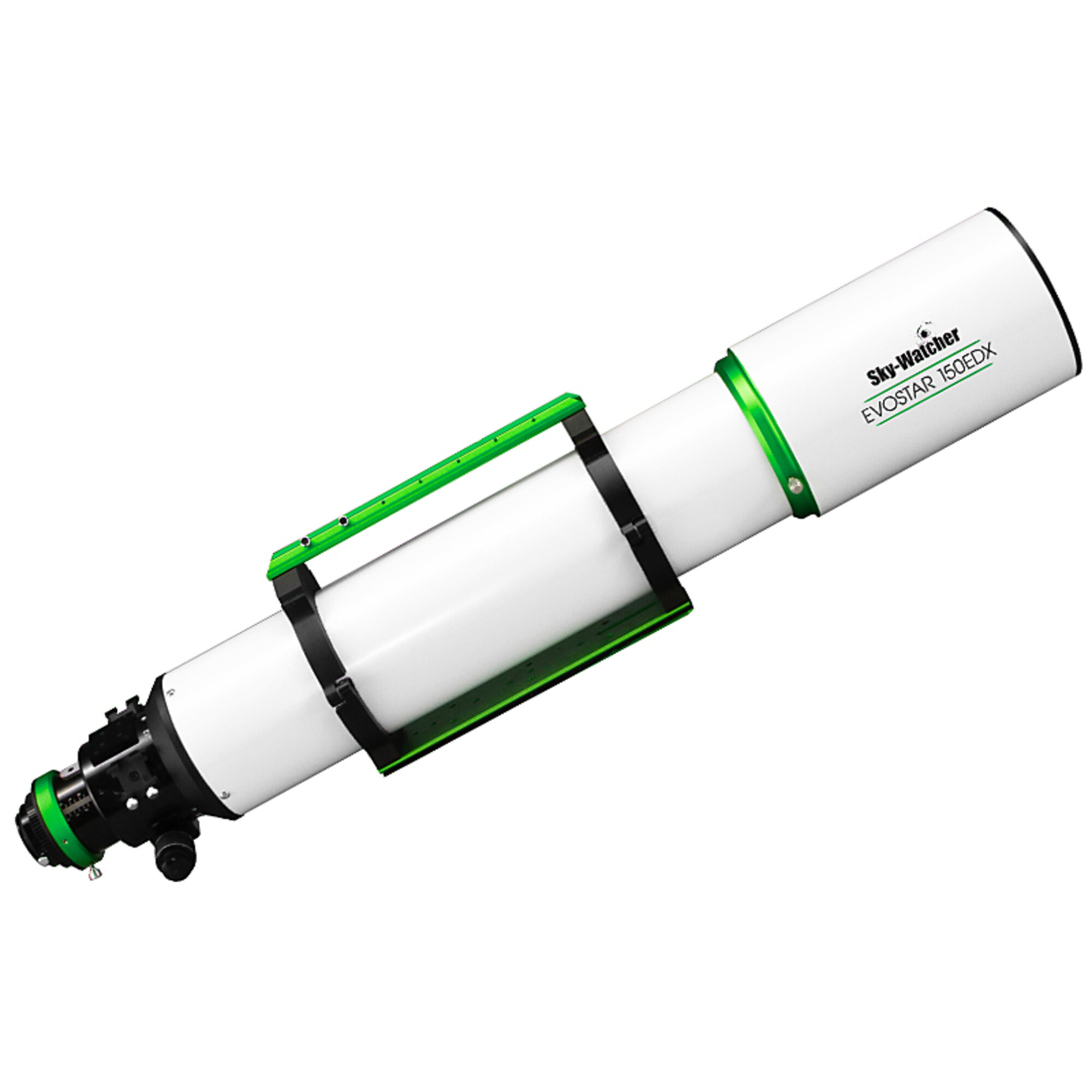 Ein weißes Teleskop mit grünen Akzenten ist abgewinkelt. Es trägt den Text "Sky-Watcher EVOSTAR 150EDX".