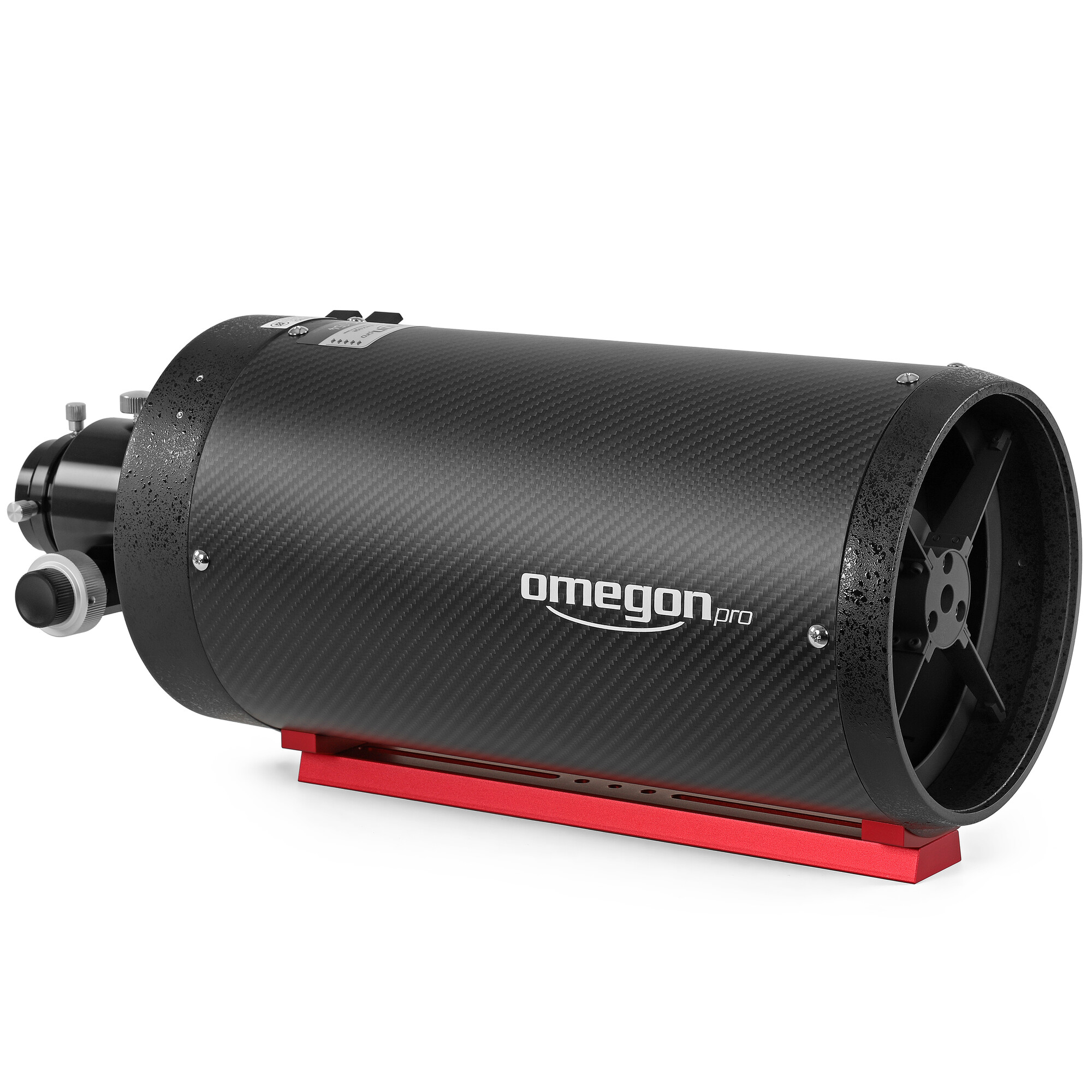 Ein Teleskop mit Kohlefaserrohr, schwarzem Zubehör und roter Basis, mit der Aufschrift 'omegon pro'.