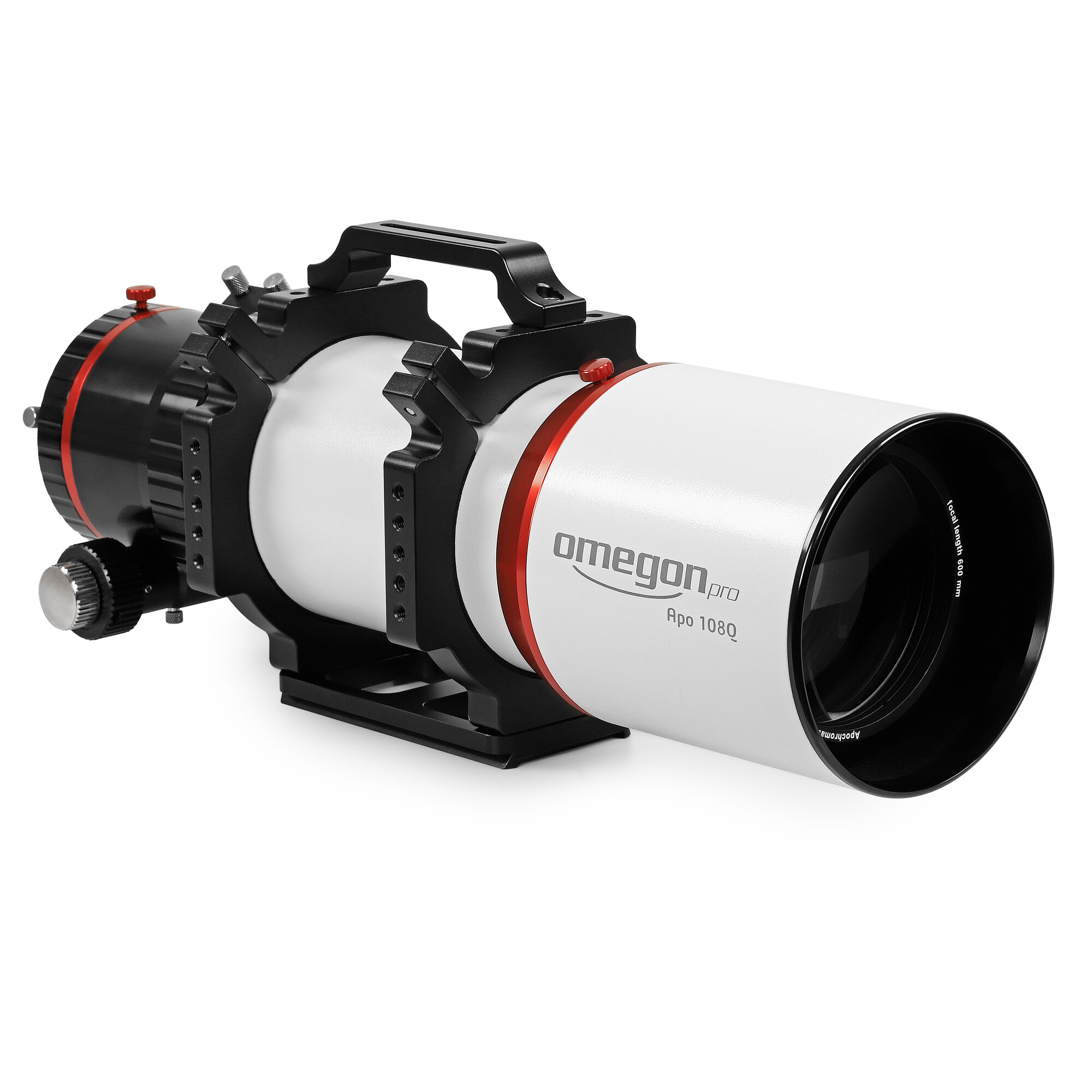 Ein weißes und schwarzes Teleskop mit roten Akzenten. Es hat einen Griff und die Aufschrift Omegon Pro Apo 108Q.