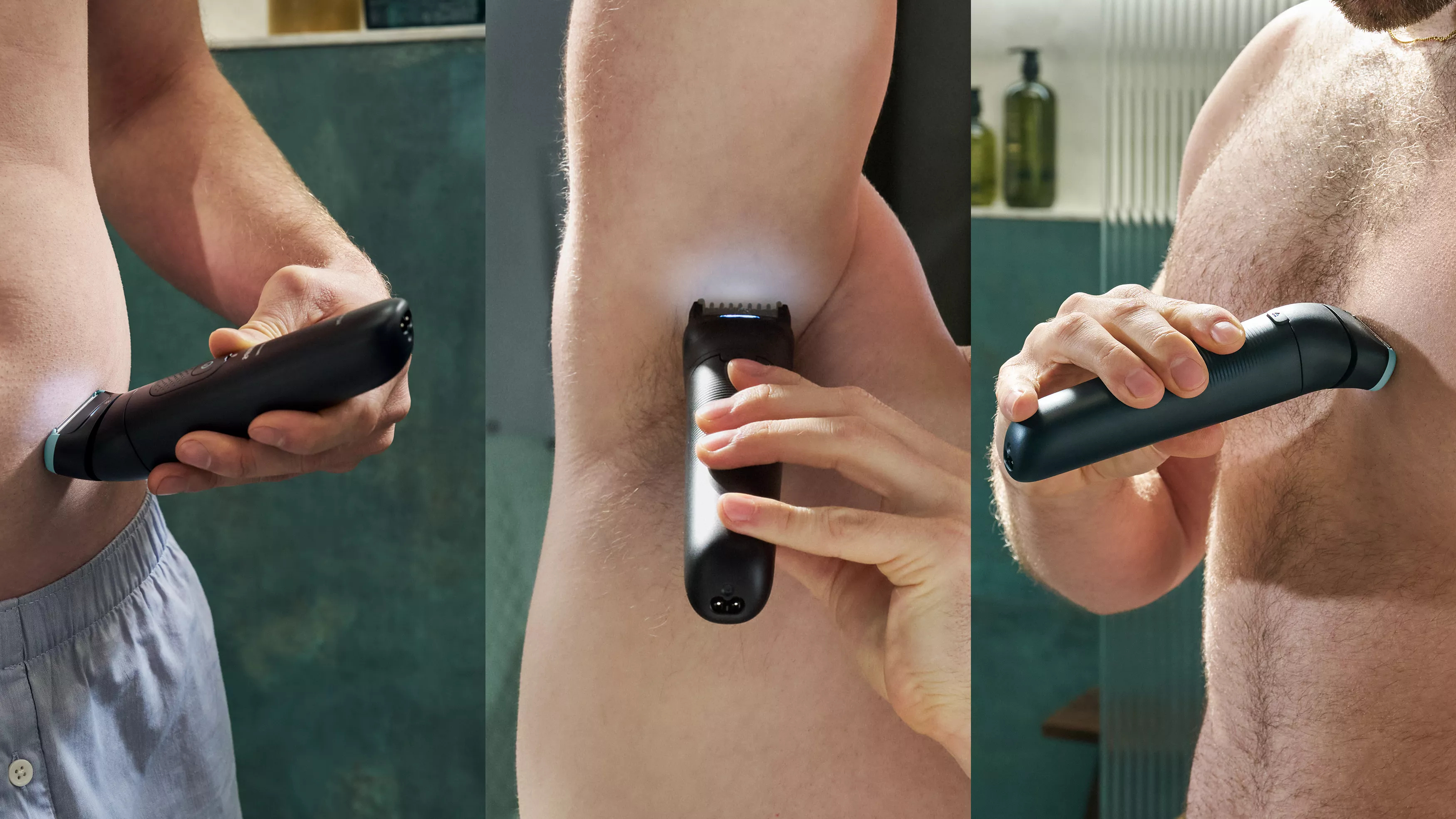 Ein Mann rasiert verschiedene Körperteile mit einem schwarzen Trimmer. Die Szene spielt sich in einem Badezimmer mit grünen Wänden ab.
