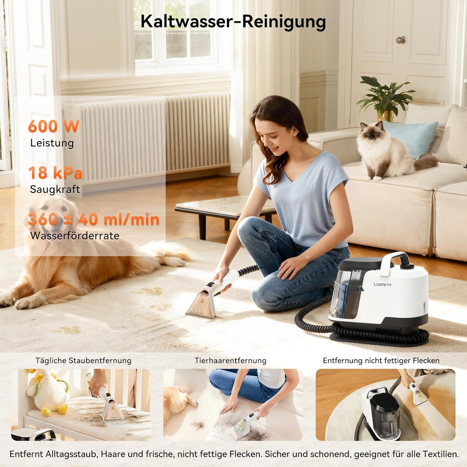 Une femme utilise un nettoyeur de tapis. Un chien et un chat sont en arrière-plan, ainsi que la machine de nettoyage. Le texte affiche les caractéristiques du produit.