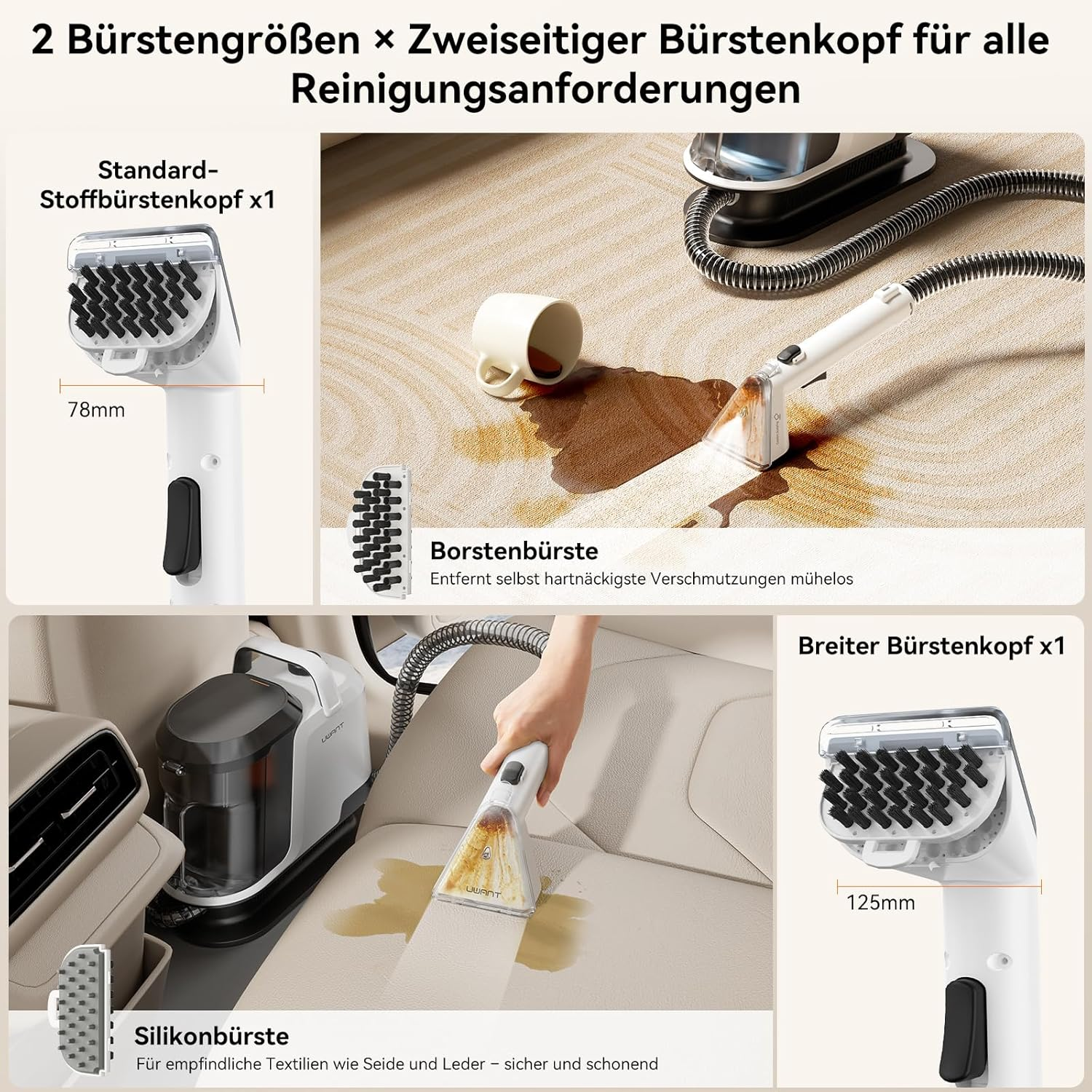 L'image montre des têtes de brosse de nettoyage et une machine de nettoyage, avec du texte en allemand. L'image montre les capacités de nettoyage du produit.