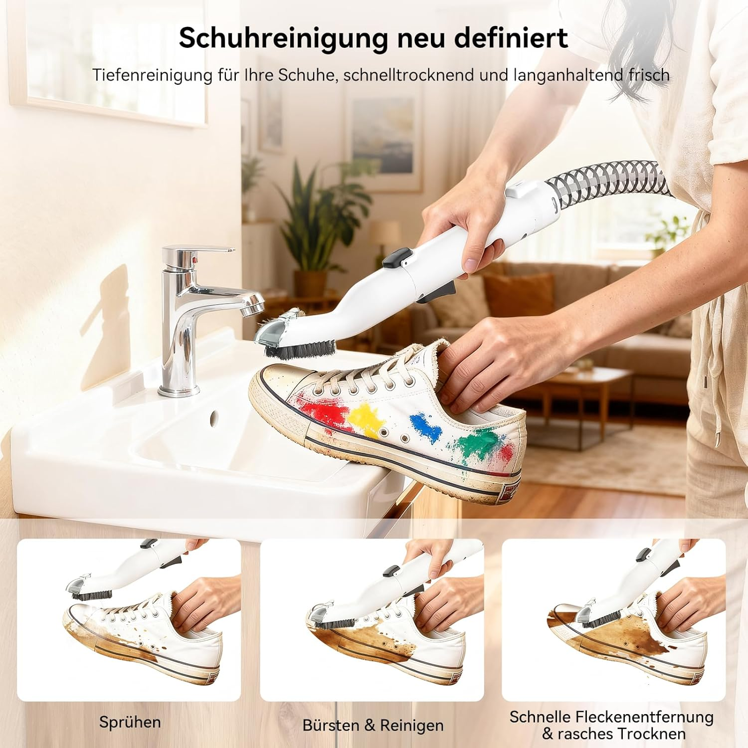Une personne nettoie une chaussure blanche sale dans un évier avec un appareil de nettoyage. La chaussure a des taches de peinture colorées.