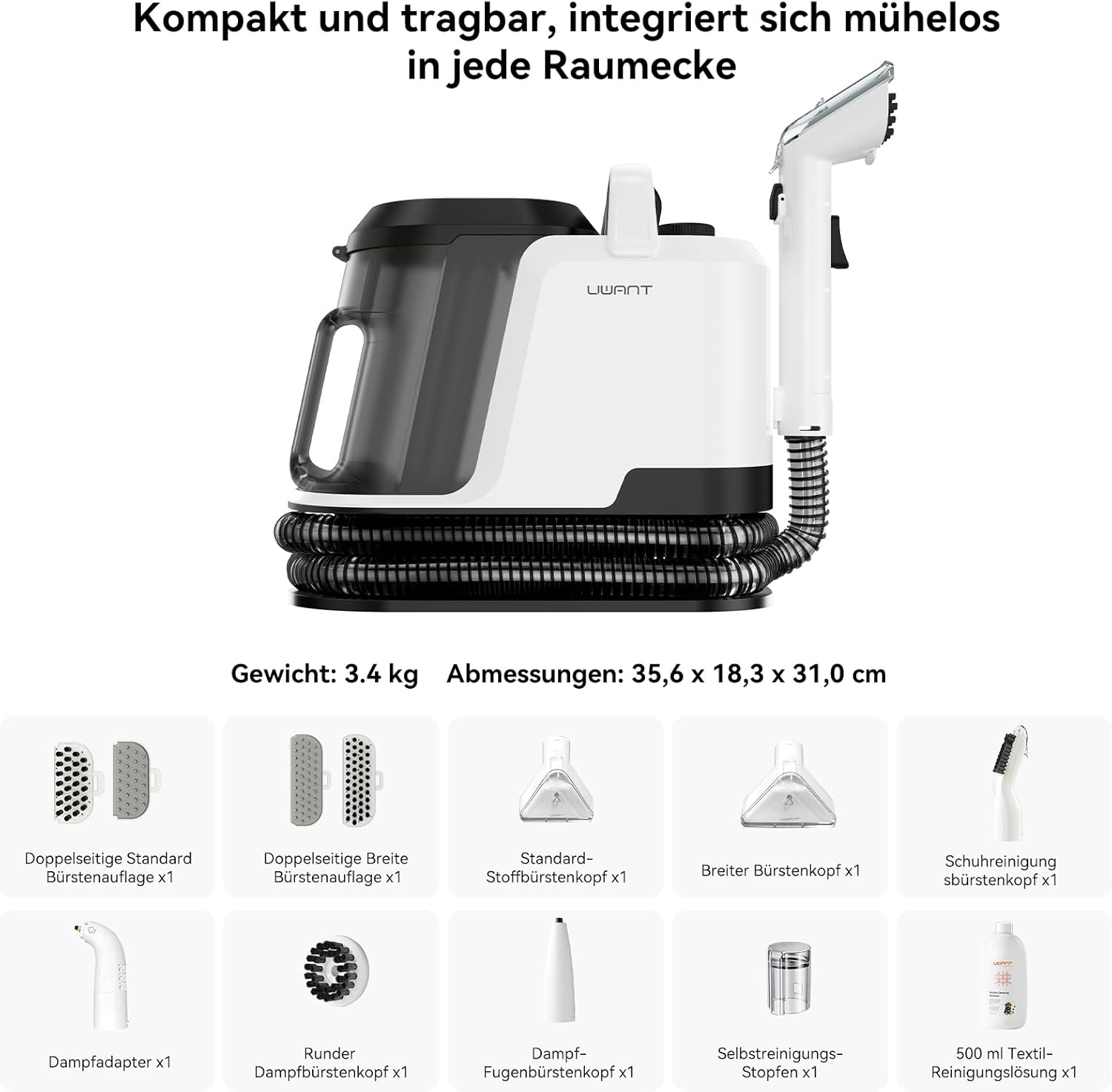 Biało-czarny odkurzacz parowy z akcesoriami. Zawiera szczotki i roztwory czyszczące. Tekst mówi, że jest kompaktowy i przenośny.