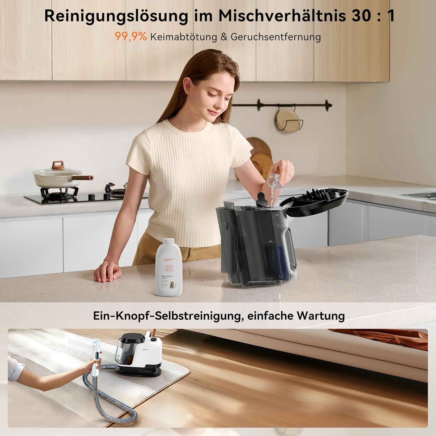 Une femme verse du liquide dans un cuiseur vapeur noir. Une bouteille de solution de nettoyage est sur le comptoir. La cuisine a une cuisinière et des armoires.
