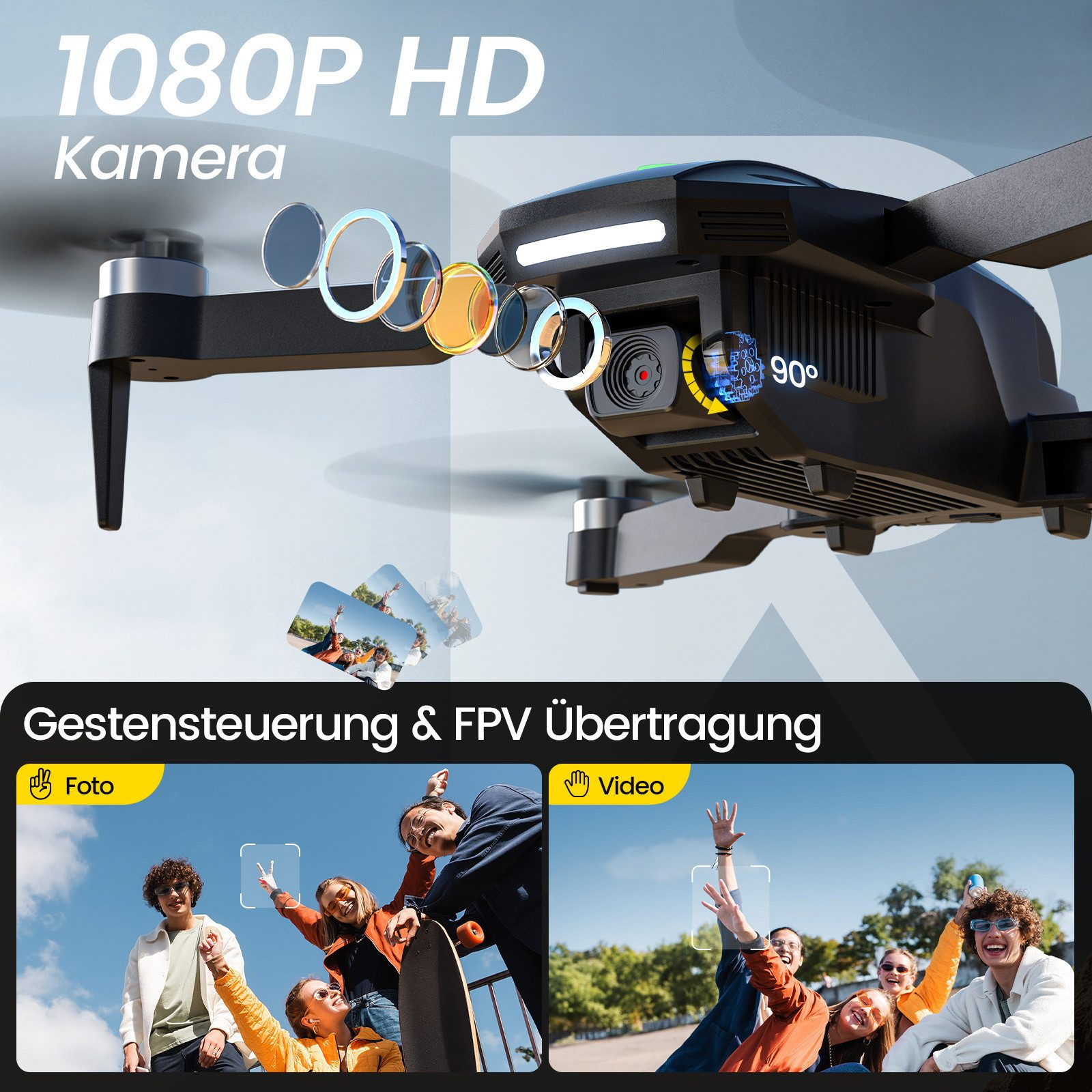 Schwarze Drohne mit Kamera. Menschen machen Fotos und Videos mit Handgesten. Text: 1080P HD Kamera, Gestensteuerung & FPV Übertragung.