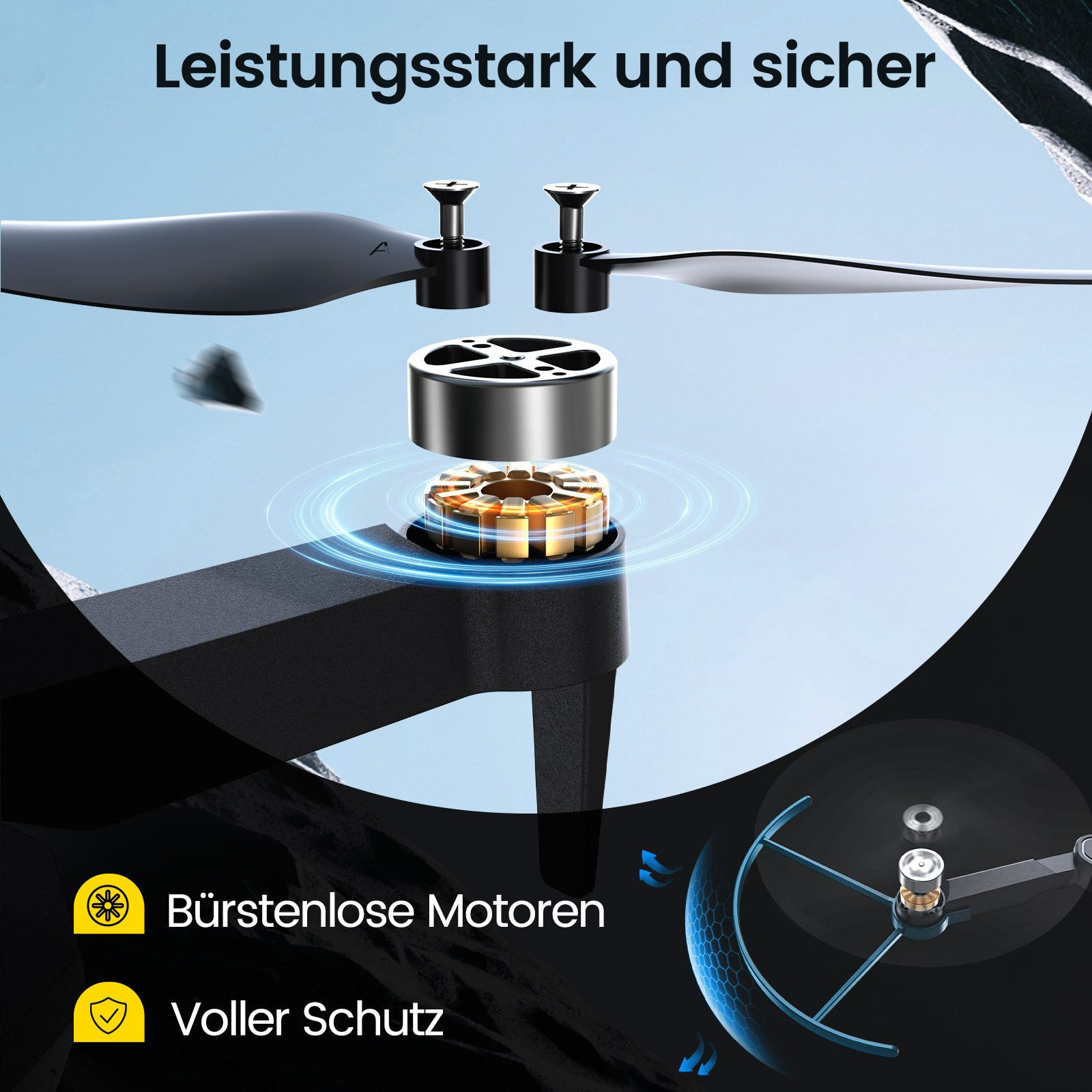 Drohnen Teile mit Blättern und Motordetails. Text: Leistungsstark und sicher, bürstenlose Motoren, voller Schutz.