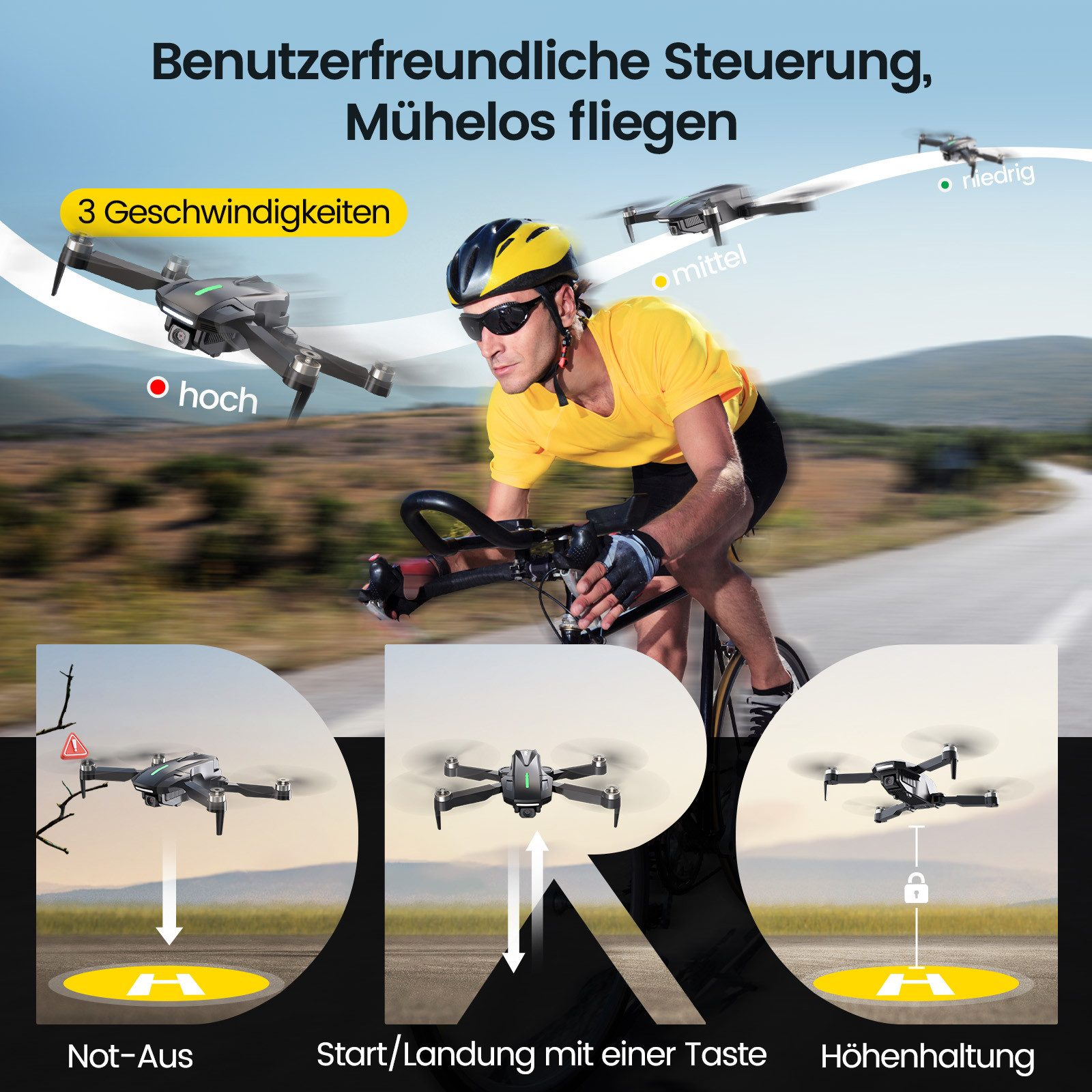 Das Bild zeigt einen Radfahrer und Drohnen mit Geschwindigkeitsoptionen. Anweisungen für Drohnenfunktionen werden ebenfalls angezeigt.