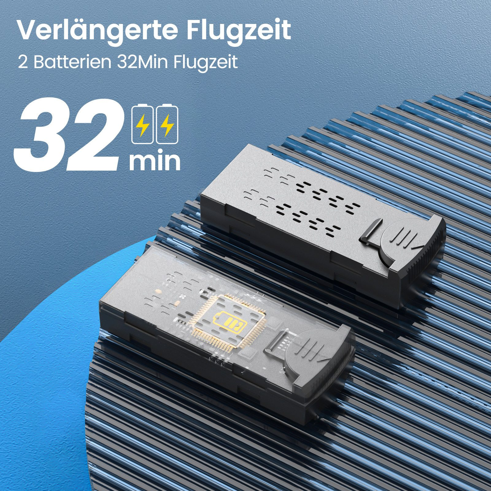 Zwei graue Drohnenbatterien auf blauer Oberfläche. Text sagt 32 min Flugzeit. Hintergrund hat Text auf Deutsch.