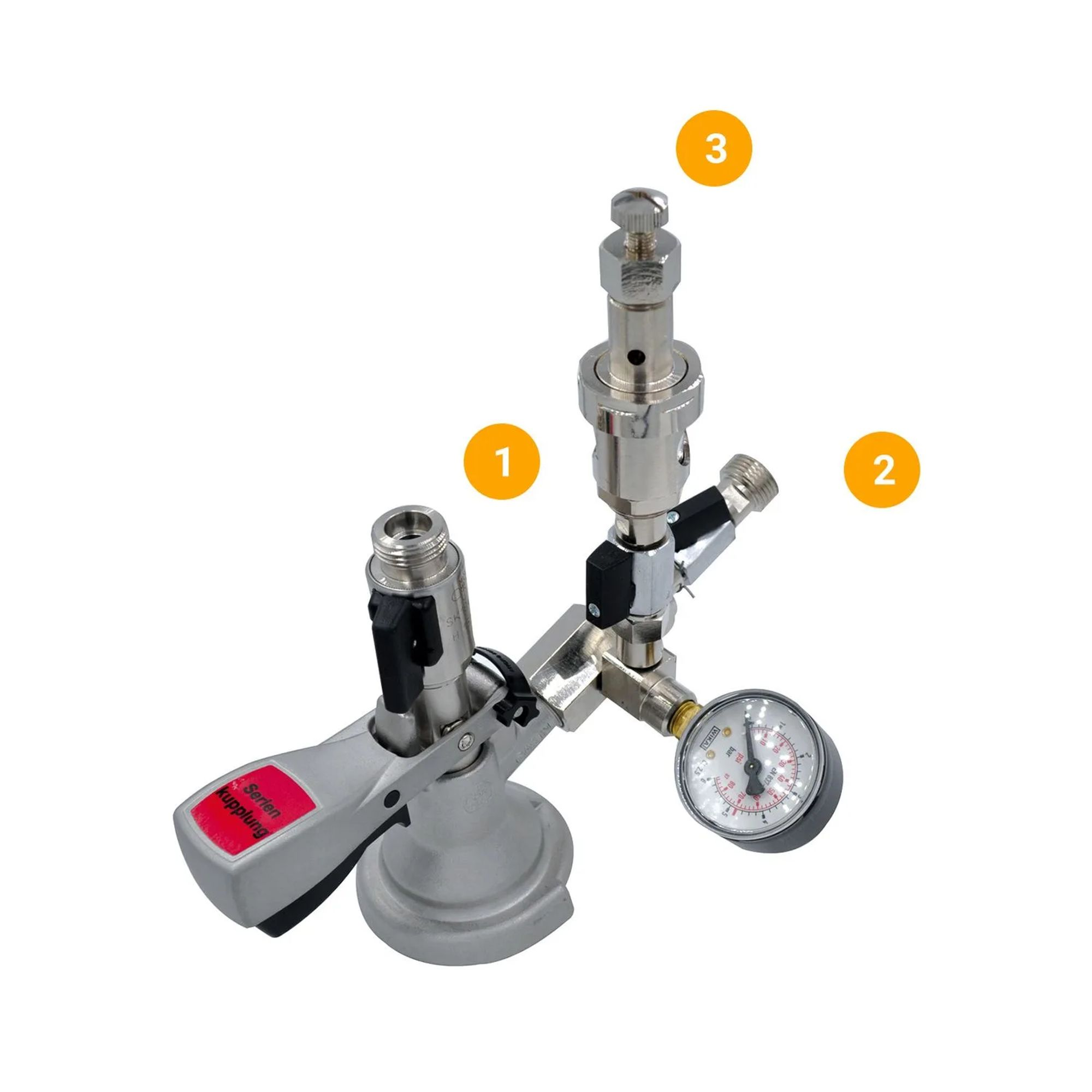 Een metalen biertapsysteem. Het heeft een manometer, kleppen en connectoren. De achtergrond is wit.
