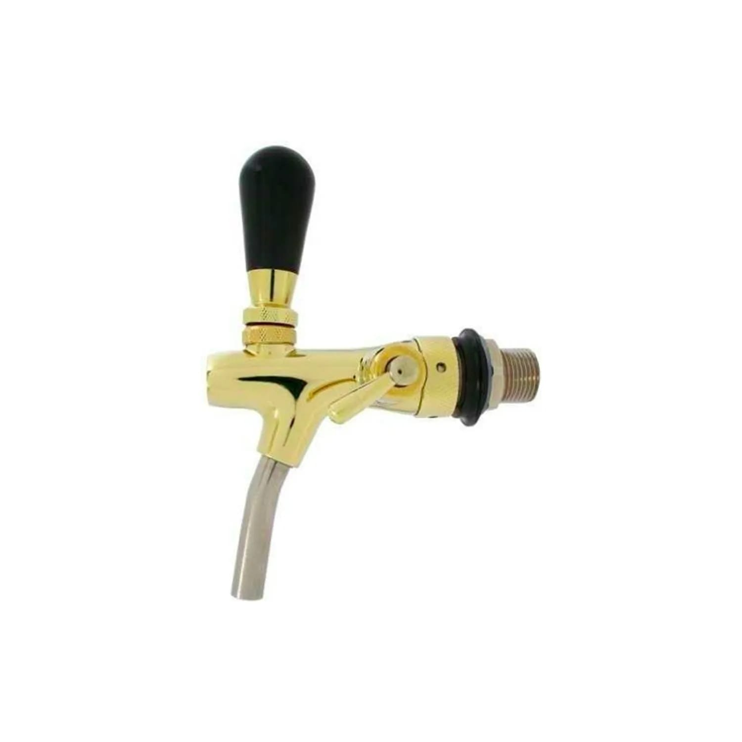 Een gouden biertap met een zwarte handgreep, gebogen tuit en metallic afwerking. De tap is geïsoleerd op een witte achtergrond.