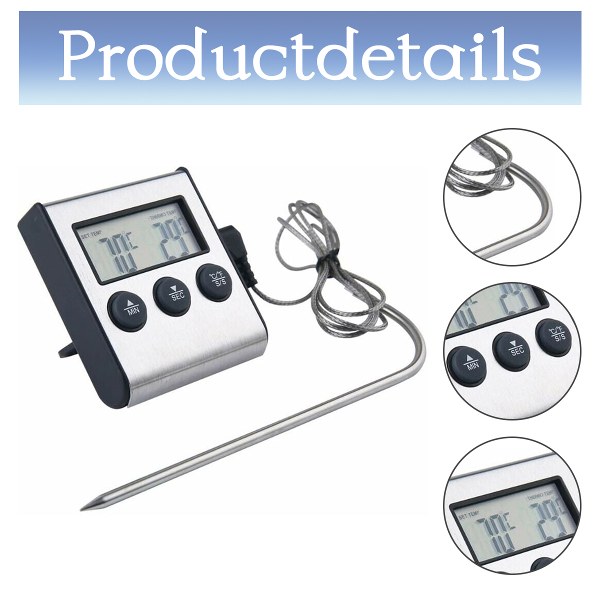 Ein digitales Thermometer mit Sonde. Es zeigt die Temperatur an und hat Tasten für Einstellungen. Hintergrund hat Produktdetails Text.