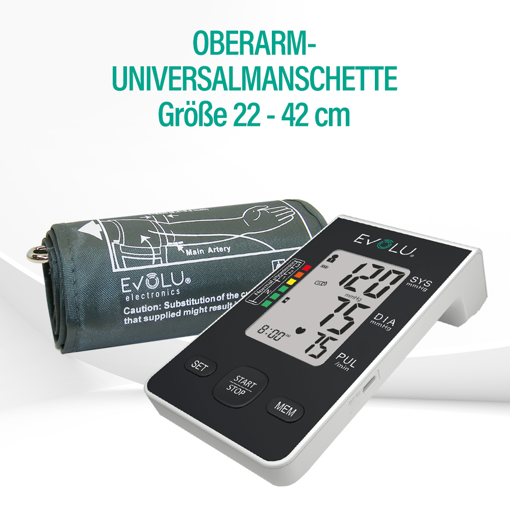 Ein Blutdruckmessgerät mit Manschette und Digitalanzeige mit Messwerten. Oben steht 'OBERARM-UNIVERSALMANSCHETTE'.