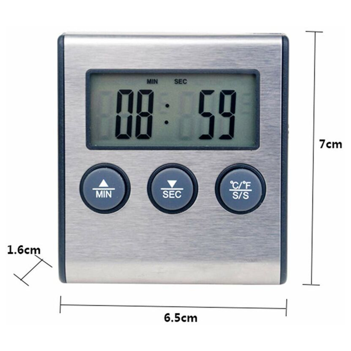 Ein quadratischer Timer zeigt 08:59 auf seinem digitalen Display an. Er hat drei Tasten: MIN, SEC und °C/°F S/S. Maße sind 6,5 cm x 7 cm x 1,6 cm.