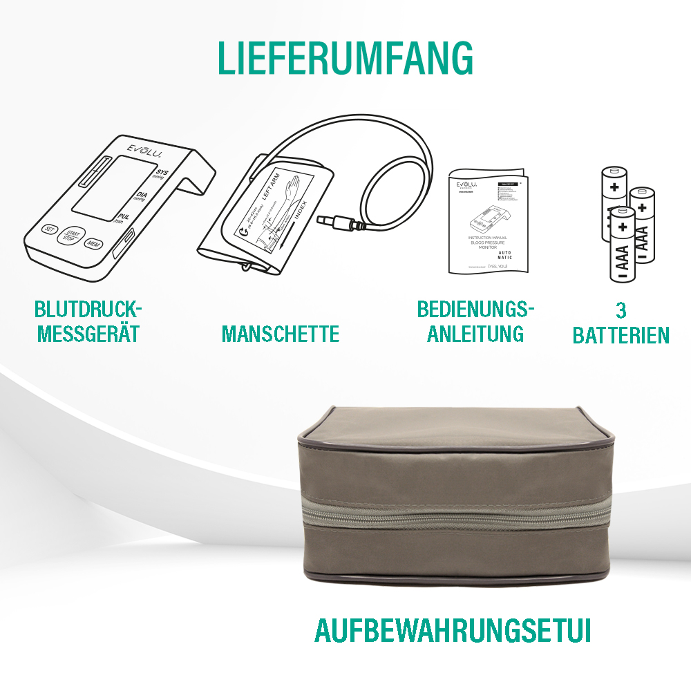 Das Bild zeigt ein Blutdruckmessgerät, eine Manschette, ein Handbuch, Batterien und eine Aufbewahrungstasche.