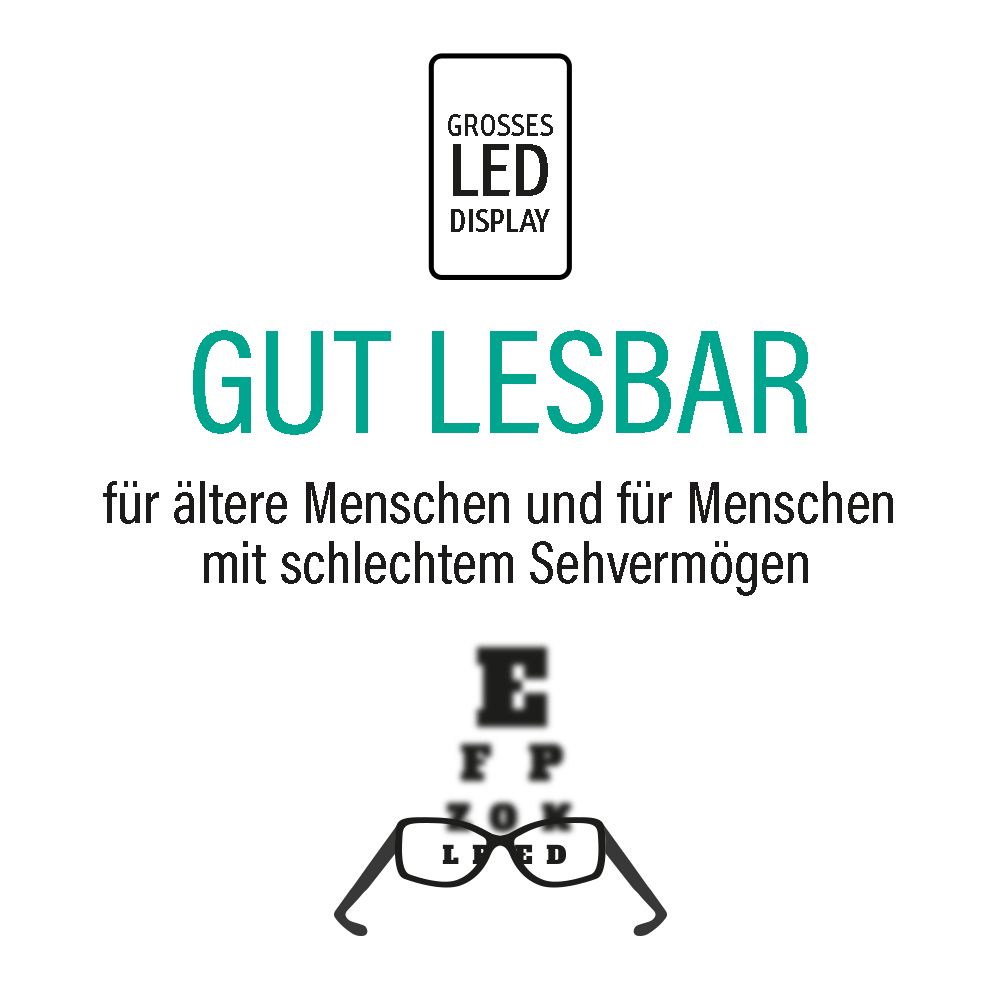 Bild mit Text: 'GUT LESBAR' für ältere Menschen und Sehbehinderte. Enthält eine Sehtafel und eine Brille.