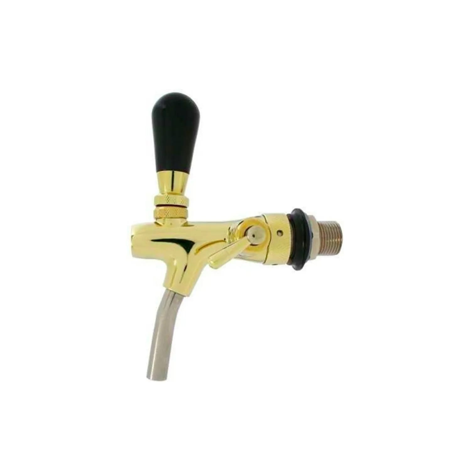Een gouden biertap met een zwarte handgreep. Het heeft een gebogen tuit en is geïsoleerd tegen een witte achtergrond.