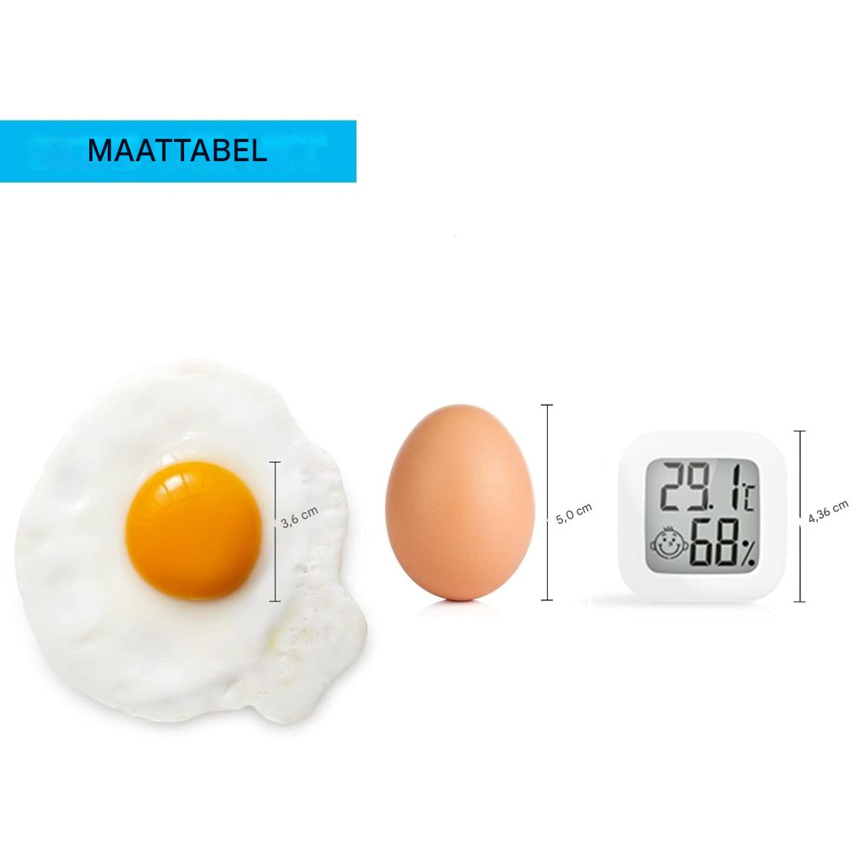 Das Bild zeigt ein Spiegelei, ein braunes Ei und ein Thermometer. Neben jedem Artikel stehen Messungen.