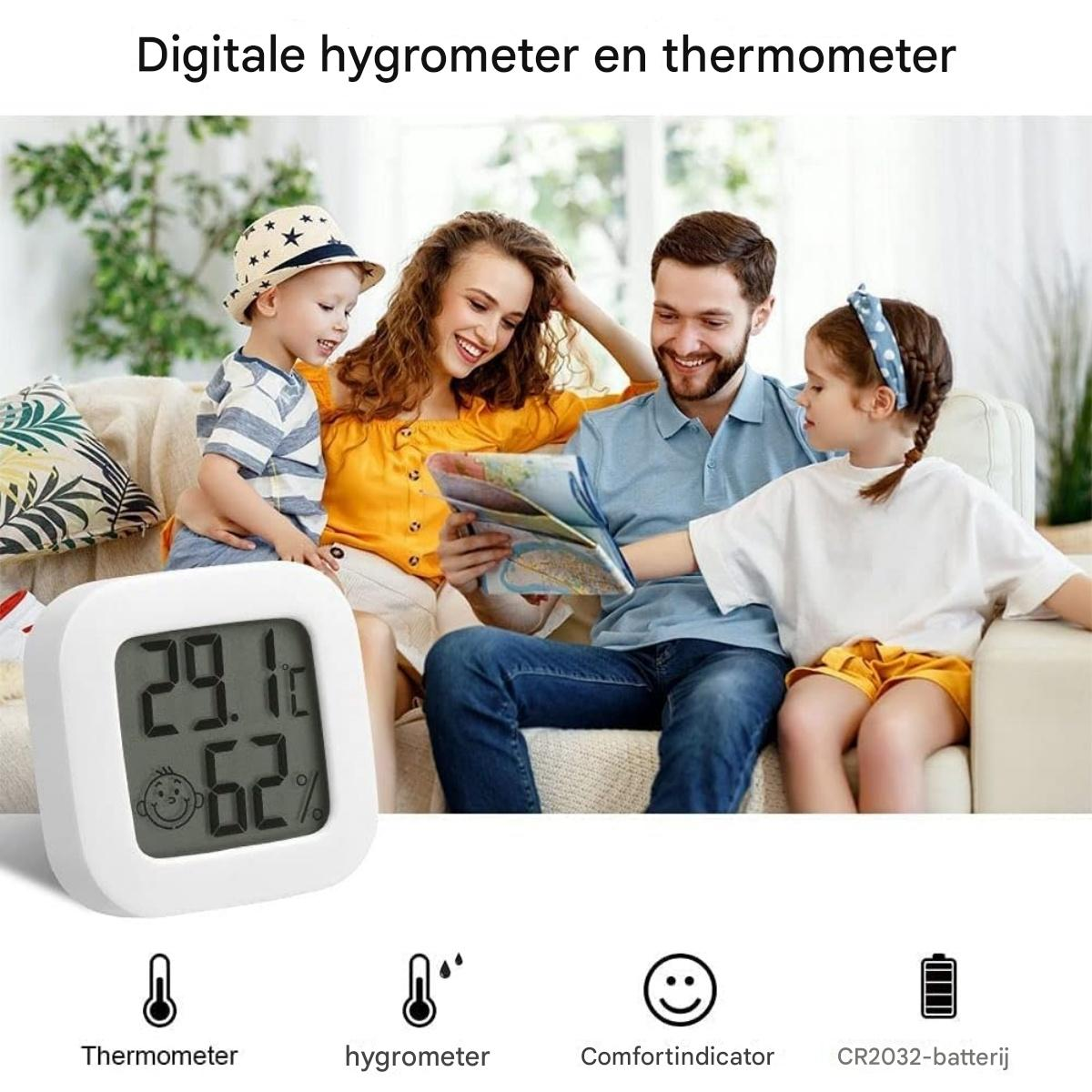 Eine Familie sitzt auf einem Sofa. Ein digitales Thermometer zeigt Temperatur und Luftfeuchtigkeit an. Symbole für Thermometer, Hygrometer, Komfort, Batterie.