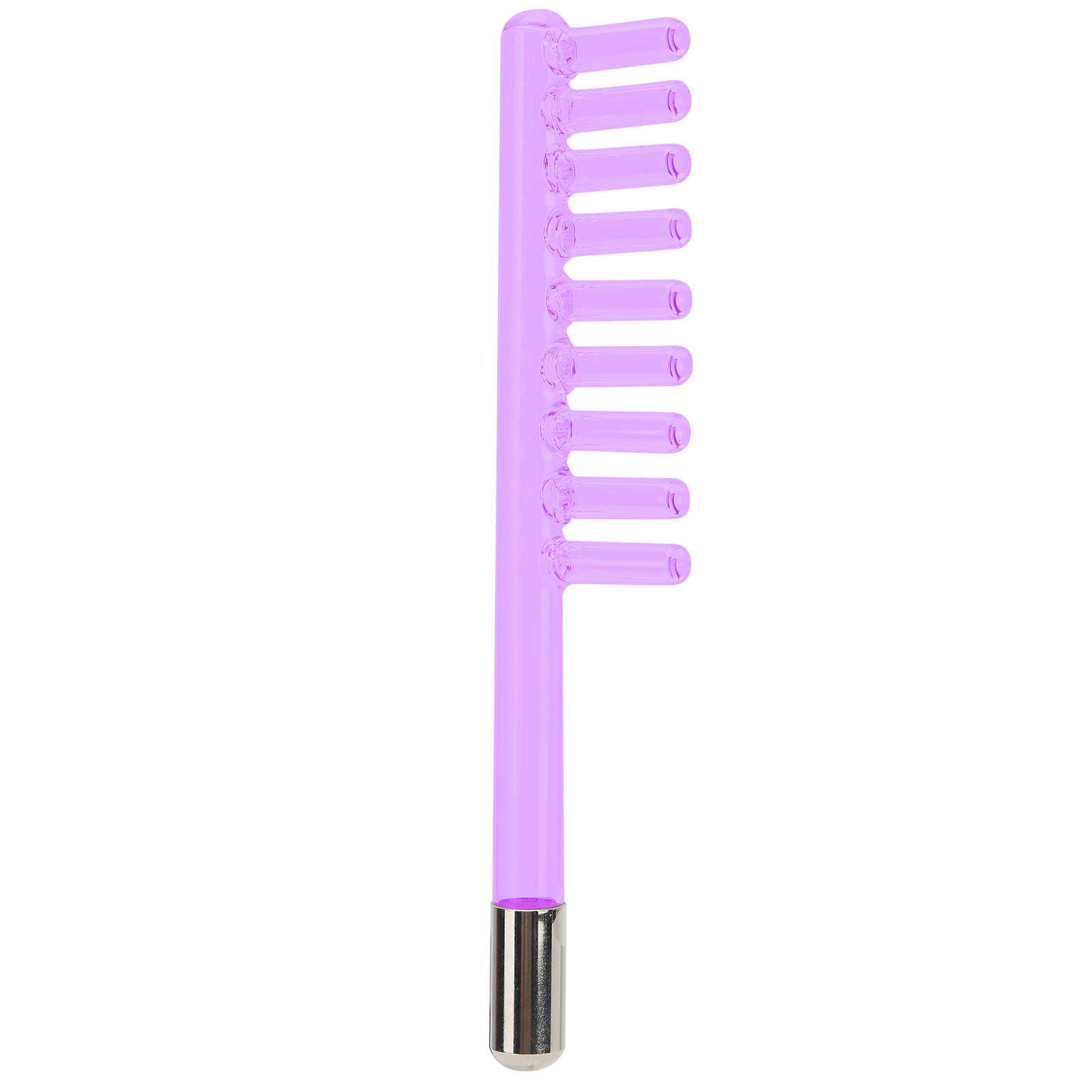 Ein violettes Hochfrequenz-Zauberstab mit kammähnlichem Ende und Metallbasis, isoliert auf weißem Hintergrund.