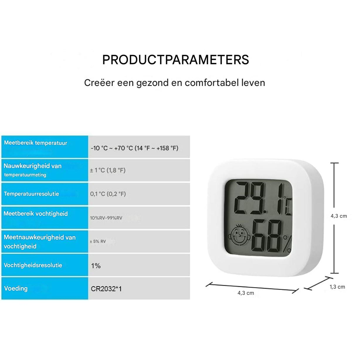 Ein weißes digitales Thermometer zeigt 29,1 und 68 % an. Eine Tabelle zeigt Temperatur- und Feuchtigkeitsbereiche und Genauigkeit. Abmessungen sind angegeben.