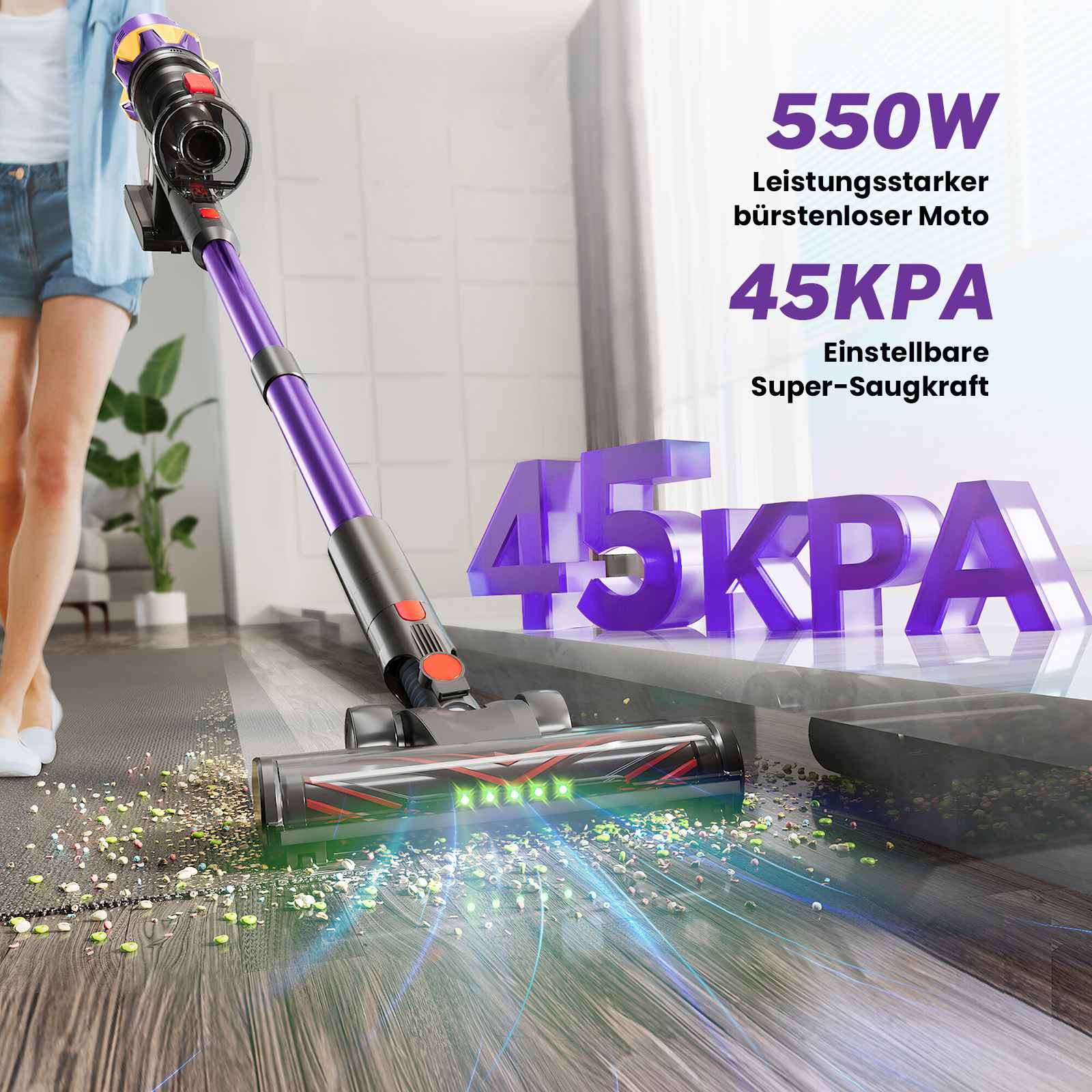Eine Frau benutzt einen violetten Staubsauger auf einem Holzboden. Text sagt 550W, 45KPA. Trümmer liegen auf dem Boden.