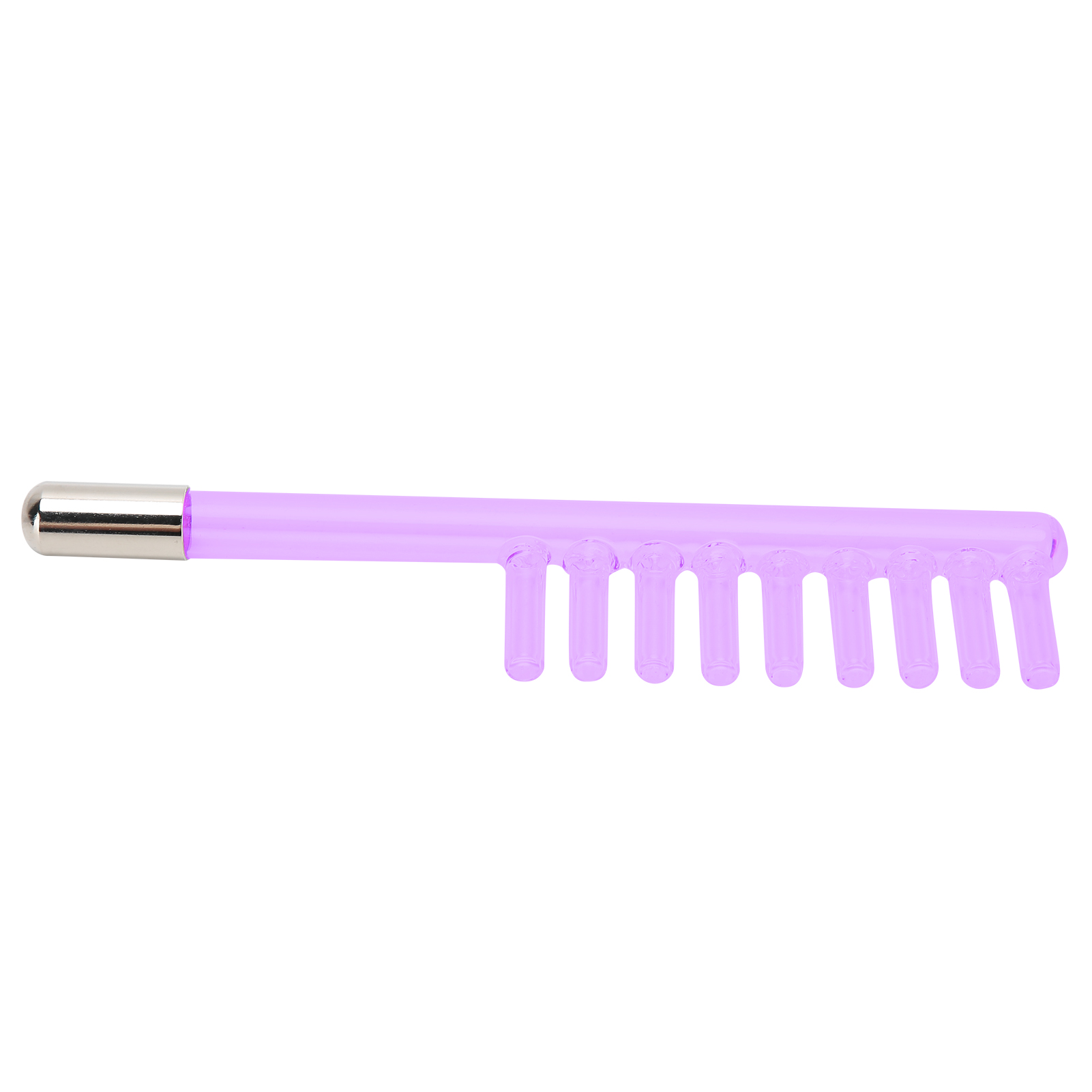 Ein violettfarbener Zauberstab mit silberner Spitze und mehreren kammartigen Zinken, isoliert auf weißem Hintergrund.