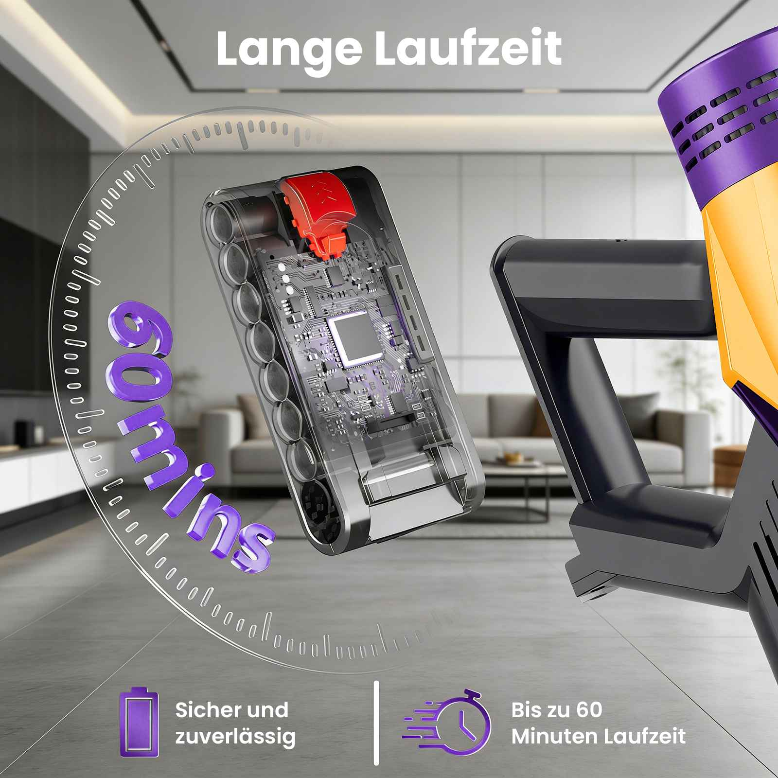 Detail des Staubsaugers mit 60 Minuten Laufzeit, Akku und Text. Im Hintergrund ein Wohnzimmer.