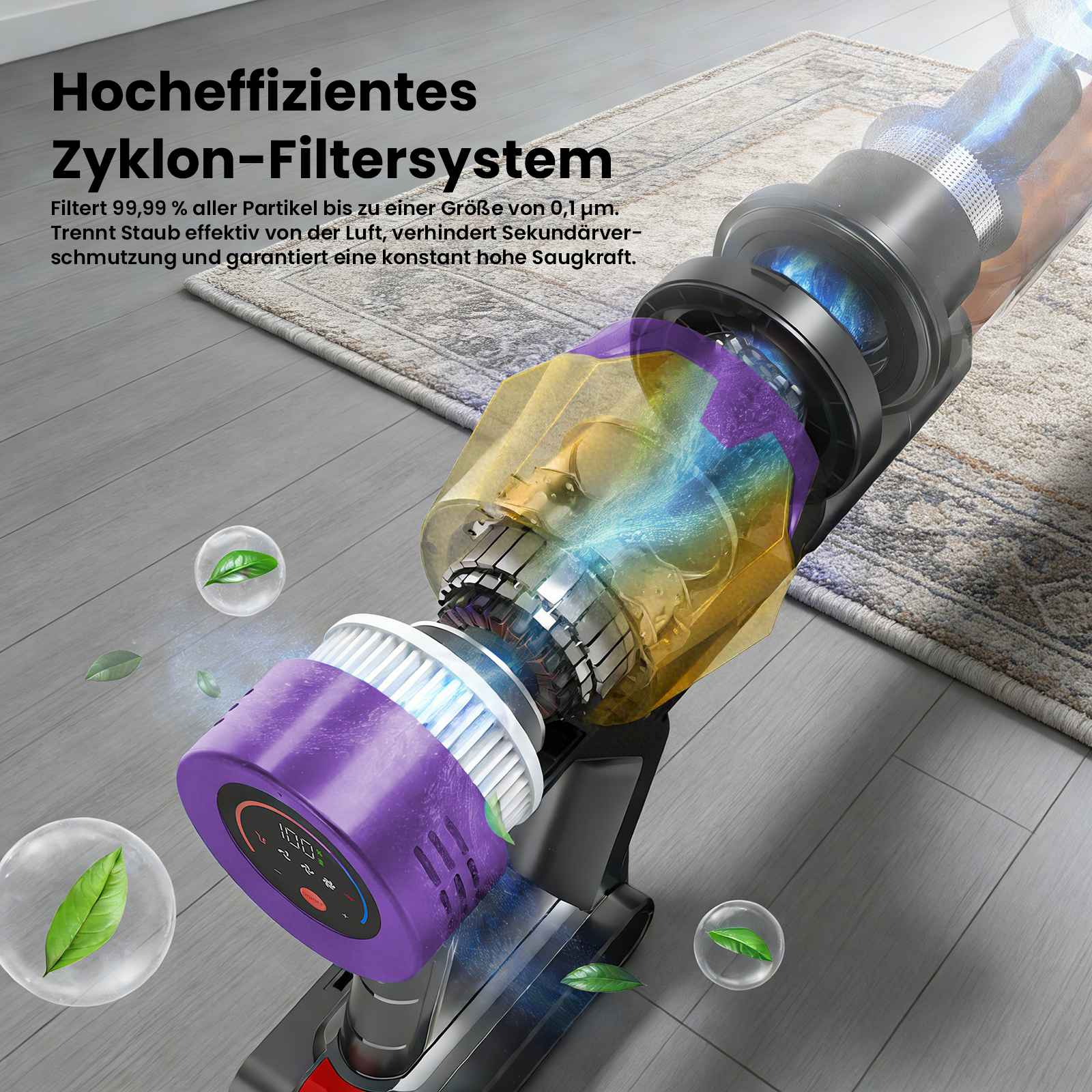 Nahaufnahme des Filtersystems eines Staubsaugers mit Text, der seine Funktionen und blattartige Elemente beschreibt.