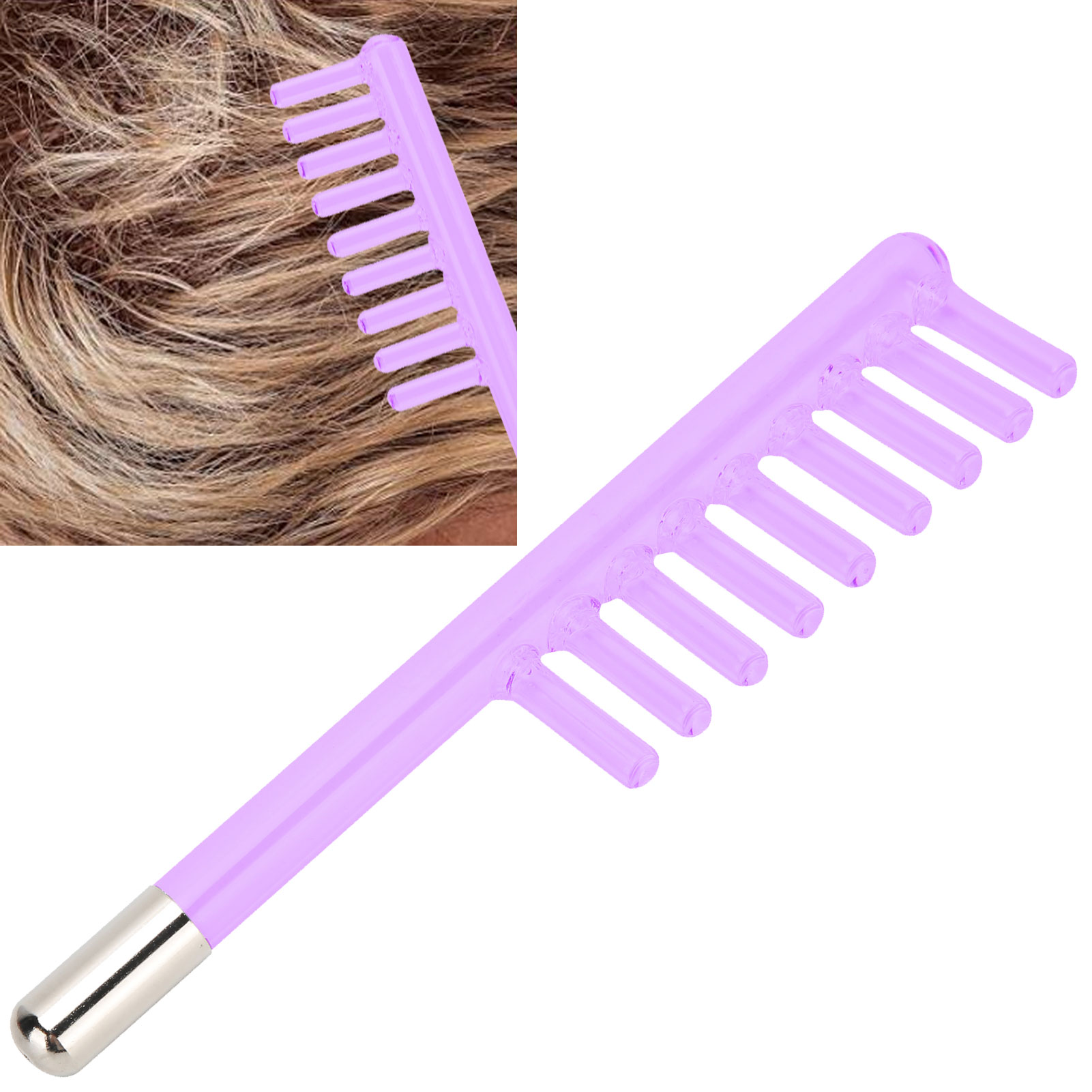 Ein violettes Haarkammgerät. Es hat einen silbernen Griff und wird in einem kleineren Einsatz über braunem Haar gezeigt.