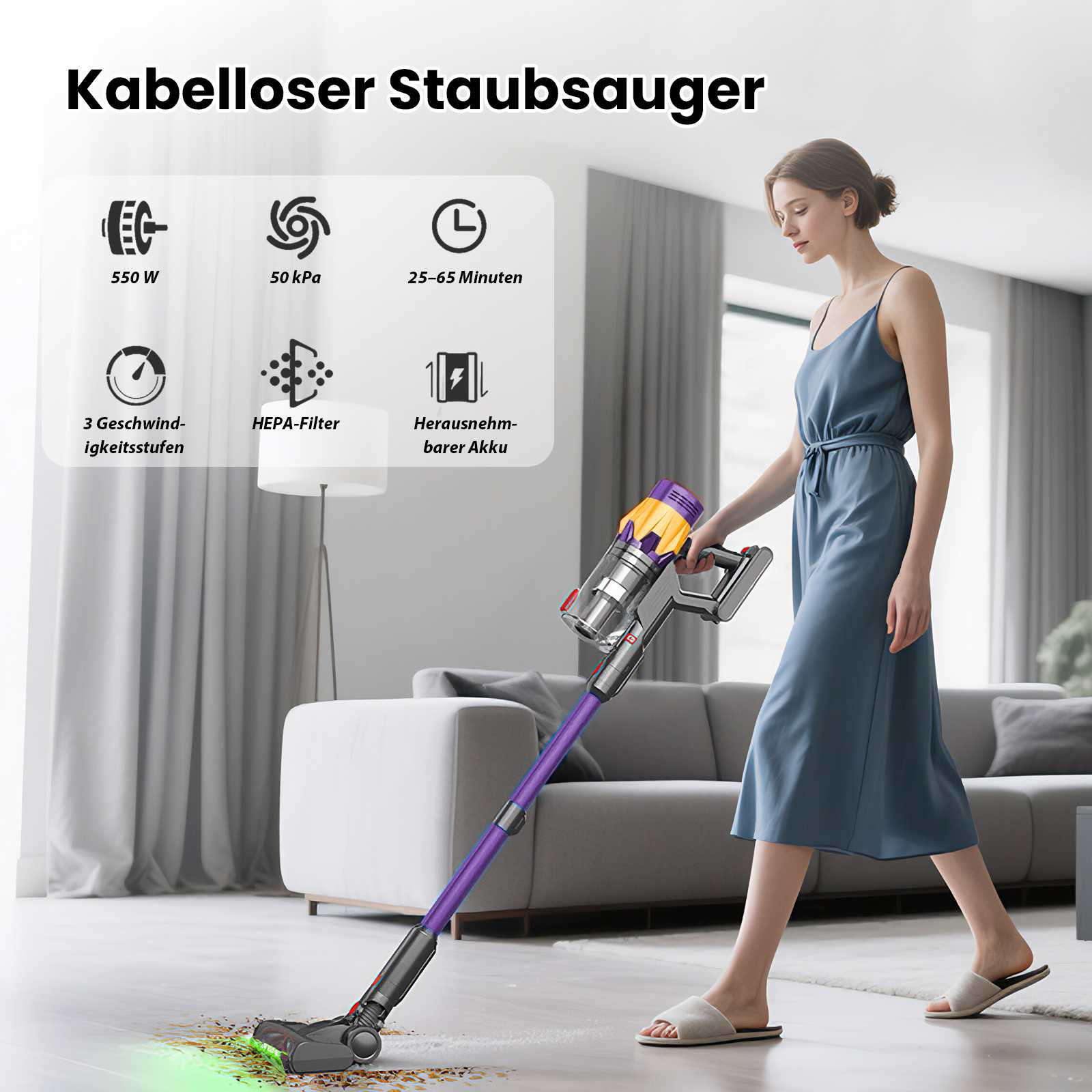 Eine Frau saugt mit einem lila-grauen kabellosen Staubsauger den Boden. Infografiken zeigen Leistungs- und Filterdetails.