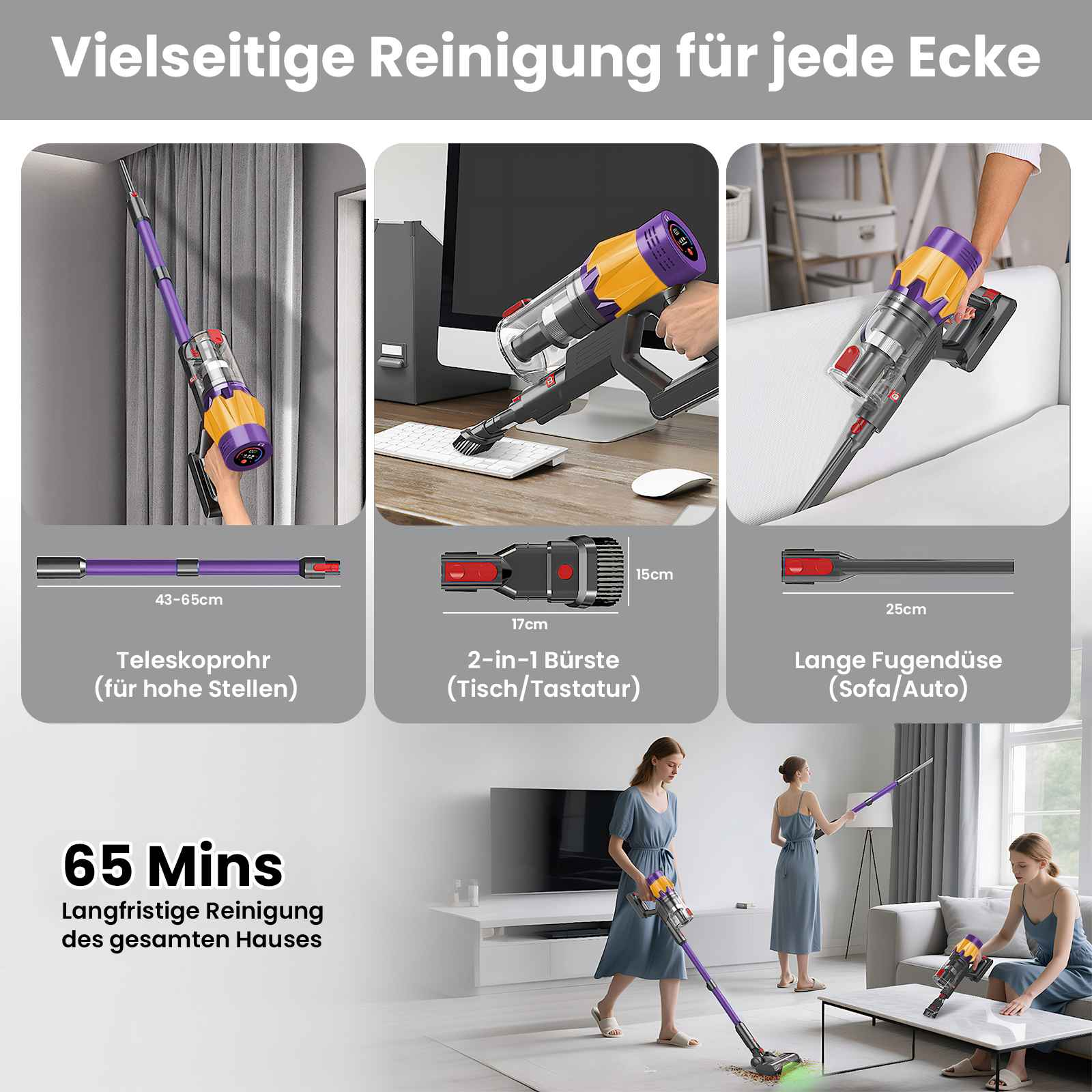 Das Bild zeigt einen Staubsauger mit Aufsätzen, die das Reinigen verschiedener Bereiche demonstrieren. Frauen benutzen ihn.