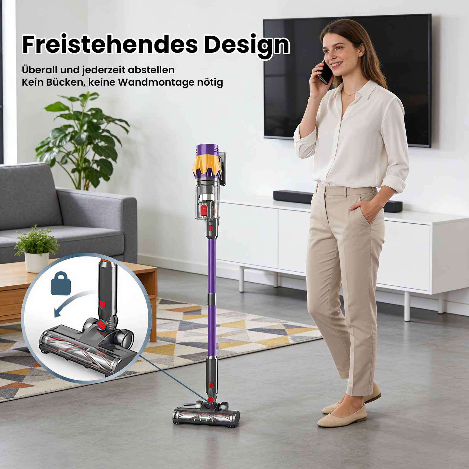 Eine Frau telefoniert neben einem lila-gelben Staubsauger. Ein Diagramm zeigt den Kopf des Reinigers.