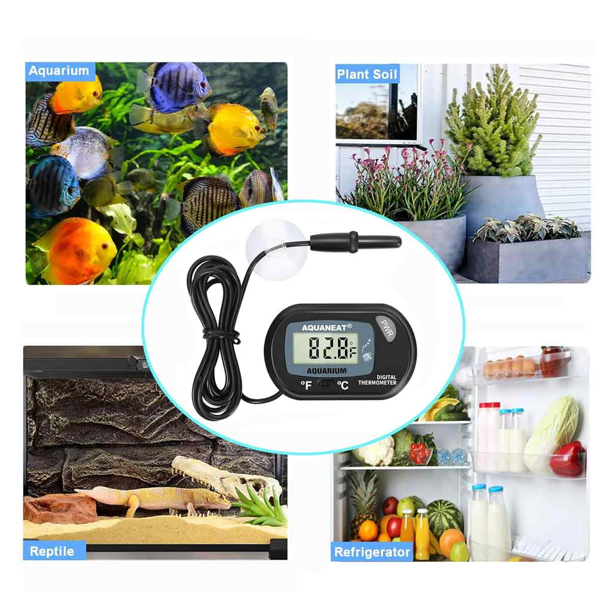 Das Bild zeigt ein Aquarium mit Fischen, Pflanzen, ein Reptiliengehege, einen Kühlschrank und ein digitales Thermometer.