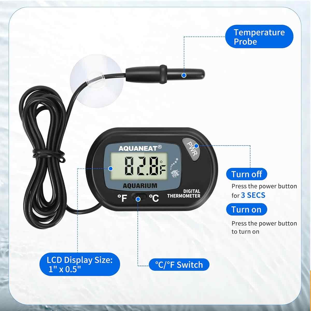 Ein digitales Aquariumthermometer mit Temperatursonde. Es zeigt 82,8 Grad an. Beschriftungen umfassen LCD-Größe, Anweisungen für die Ein-/Aus-Taste.