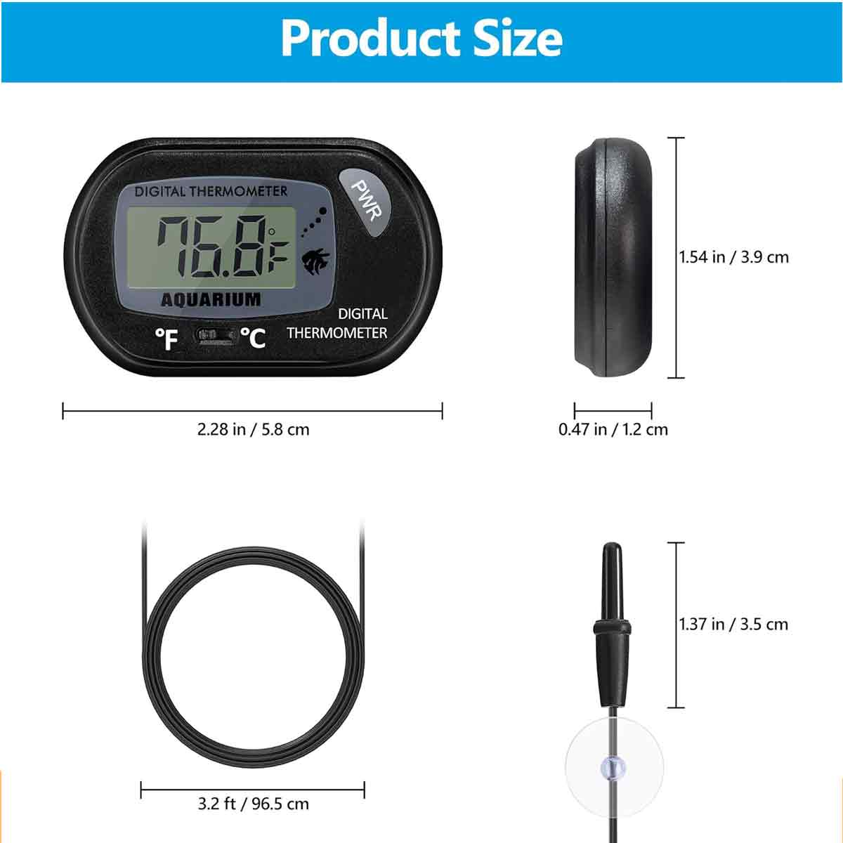 Digitales Aquarienthermometer zeigt 76,8 Grad an. Enthält Abmessungen, einen Sensor und einen Saugnapf. Schwarz-weißes Farbschema.