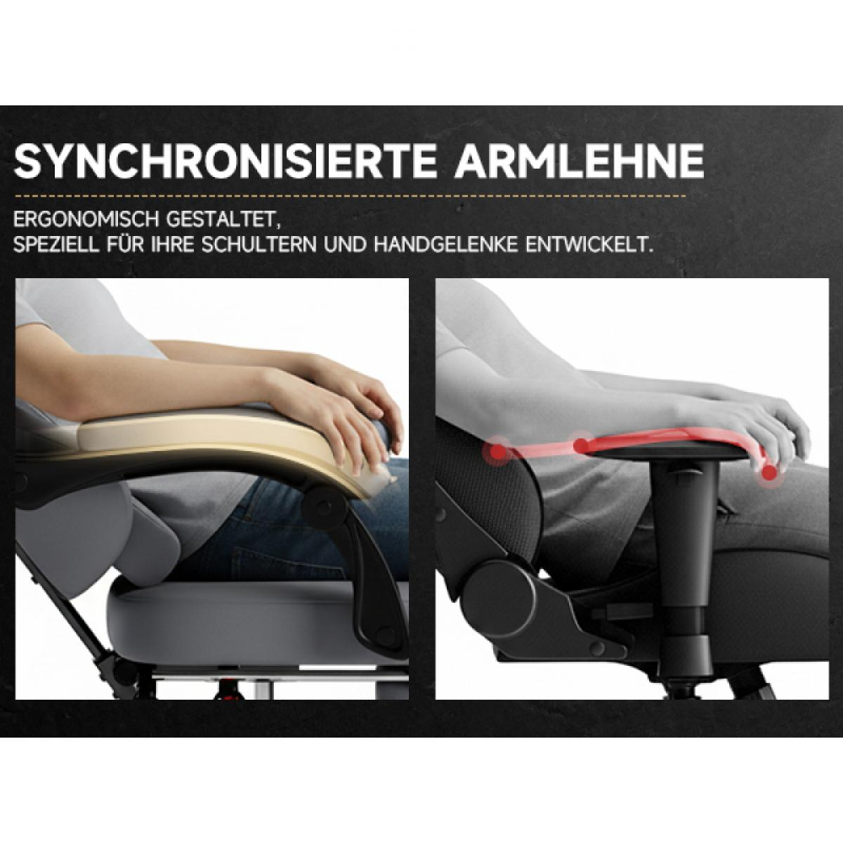 Das Bild zeigt eine Stuhllehne mit Armen einer Person. Der Text lautet 'Synchronisierte Armlehne' und 'Ergonomisch für Schultern und Handgelenke'.