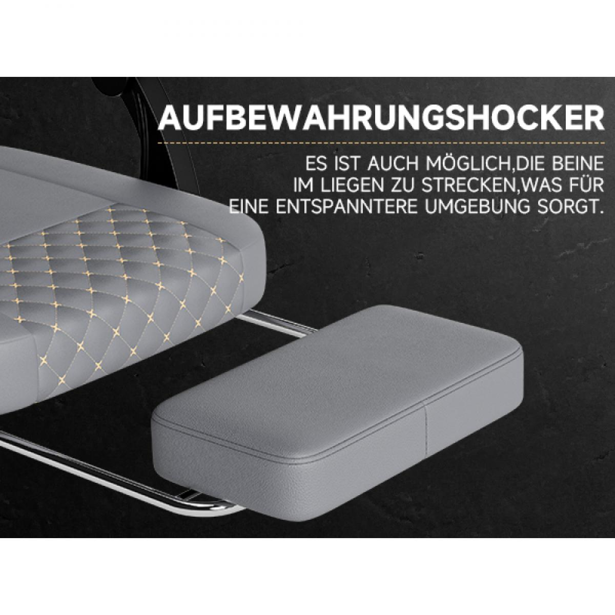 Graue Fußstütze mit Steppmuster und passendem Sitz, verbunden durch Metallstangen, vor dunklem Hintergrund. Textüberlagerung.