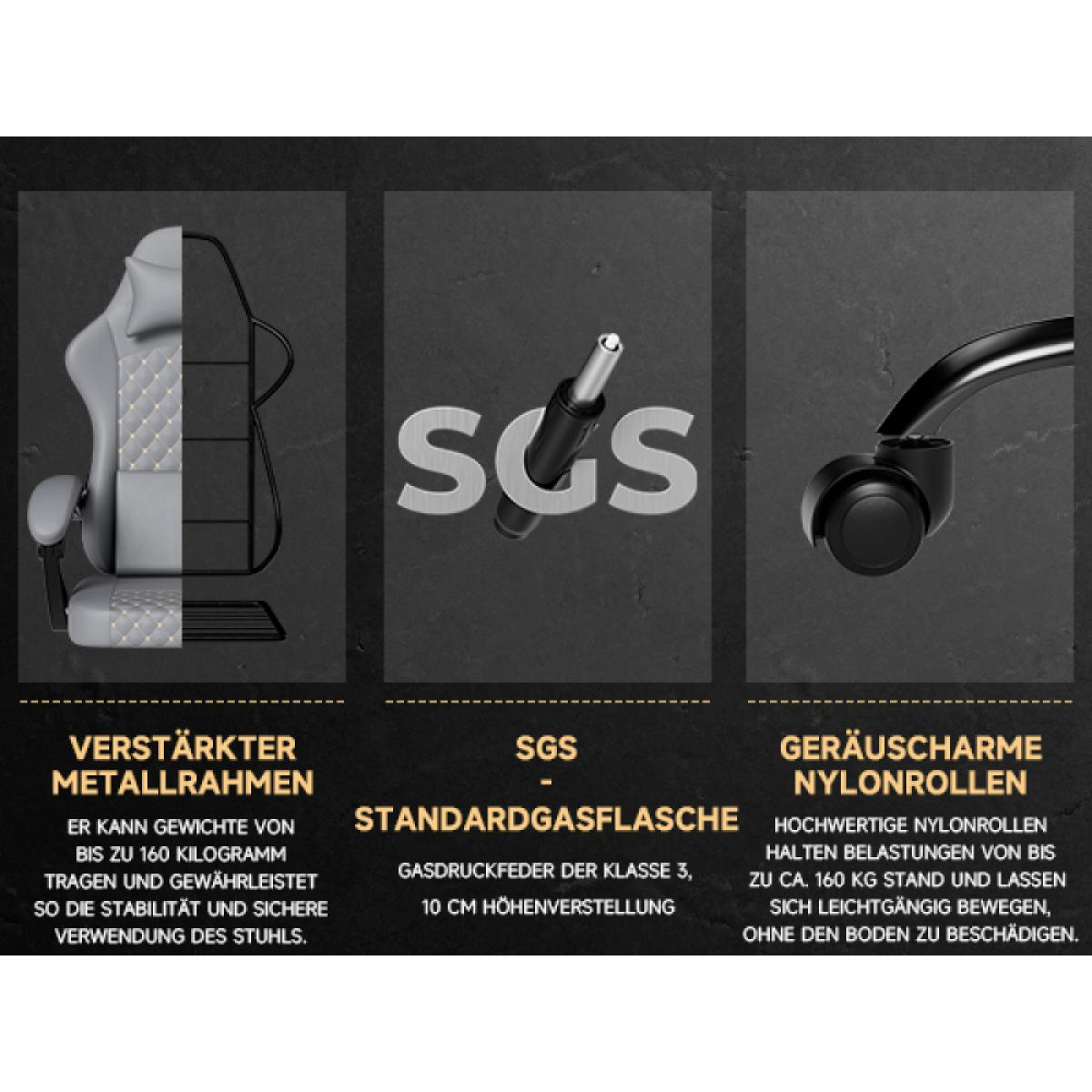 Das Bild zeigt Stuhlteile: Metallrahmen, SGS-Gasdruckzylinder und Nylonrollen. Text beschreibt Eigenschaften wie Gewichtskapazität und Geräuschreduzierung.