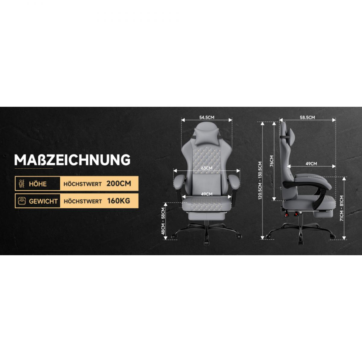 Ein grauer Gaming-Stuhl mit Abmessungen und Gewichtsangaben, in Vorder- und Seitenansicht, auf schwarzem Hintergrund.