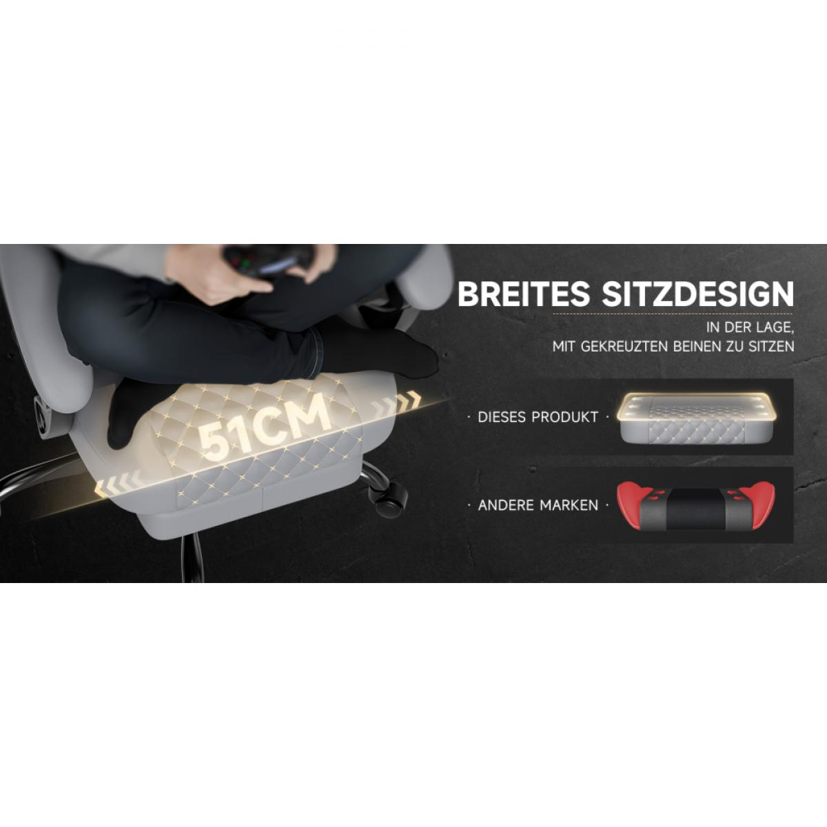 Eine Person sitzt auf einem weißen Stuhl. Text: 'BREITES SITZDESIGN'. Eine Grafik vergleicht den Stuhl mit anderen. Der Sitz ist 51 cm breit.