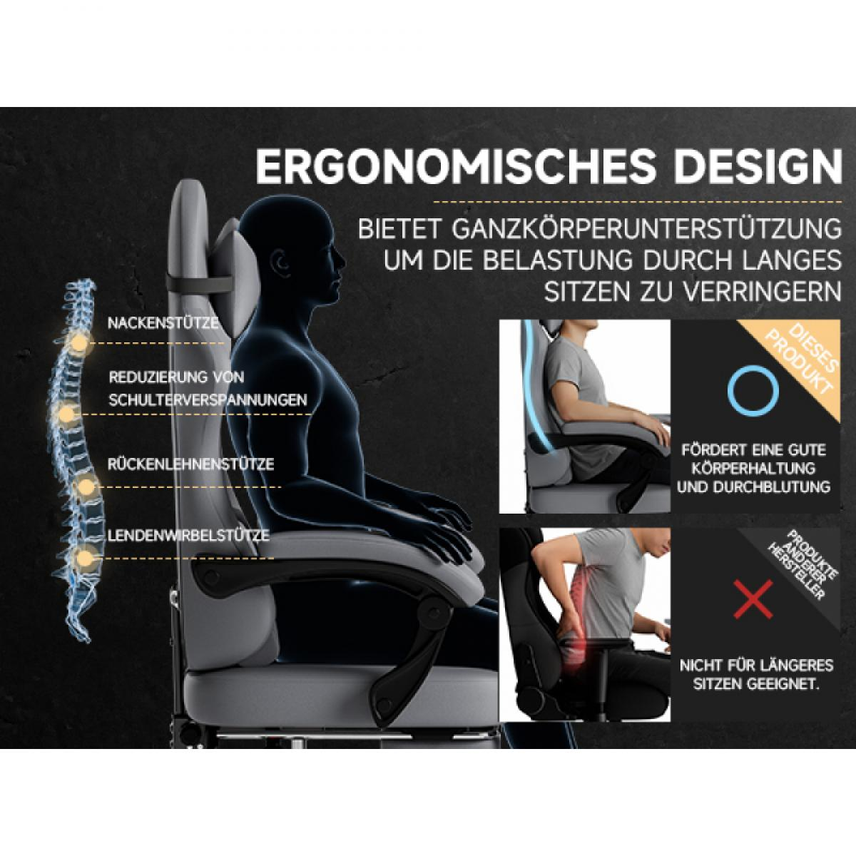 Illustration des ergonomischen Stuhldesigns. Diagramm der Wirbelsäule und Person im Stuhl, mit Details.