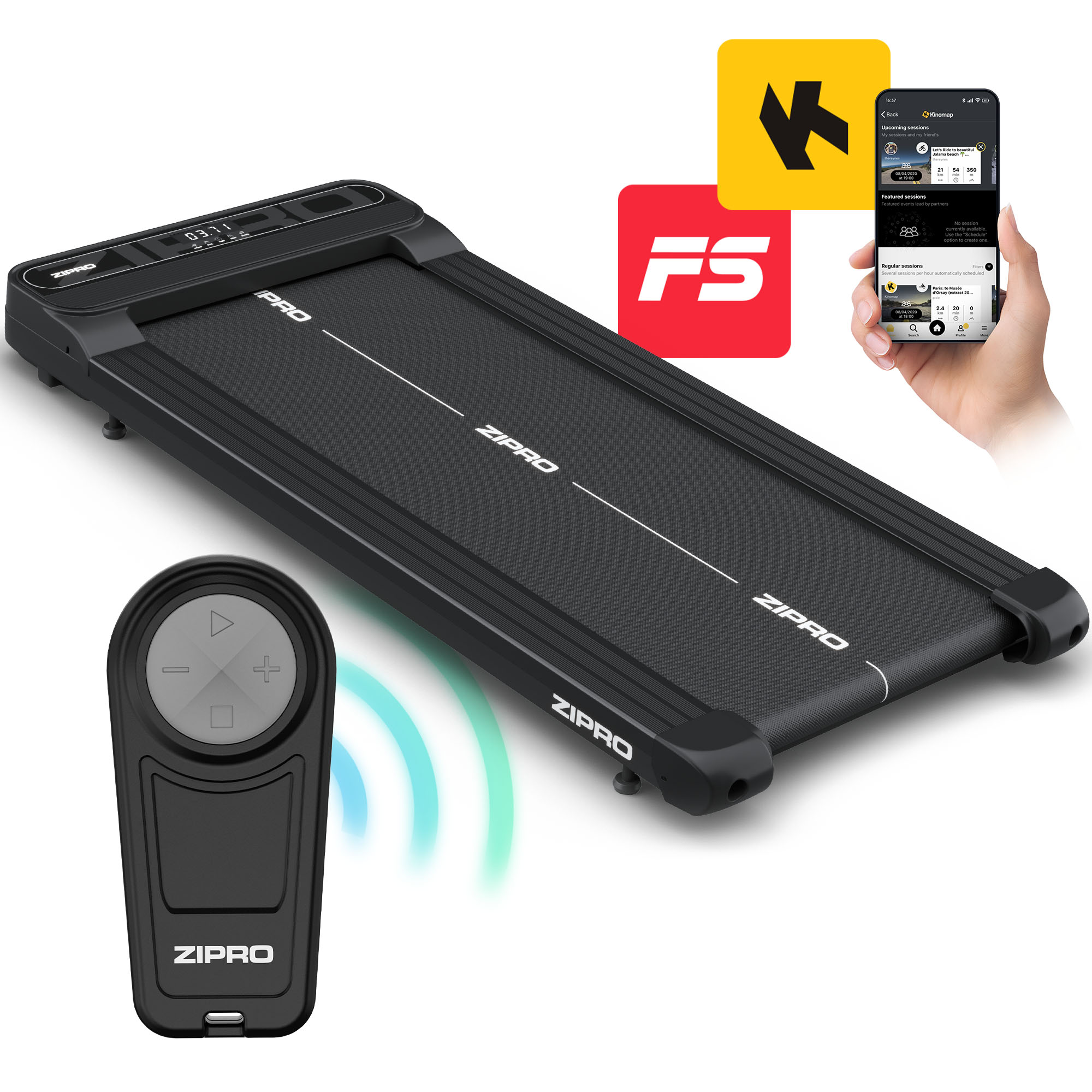 Schwarzes Zipro-Laufband mit Fernbedienung, Smartphone mit App und Logos von FS und Kinomap auf weißem Grund.